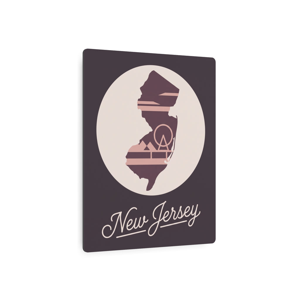 Mauve square metal wall art featuring New Jersey silhouette in cream and “New Jersey” script