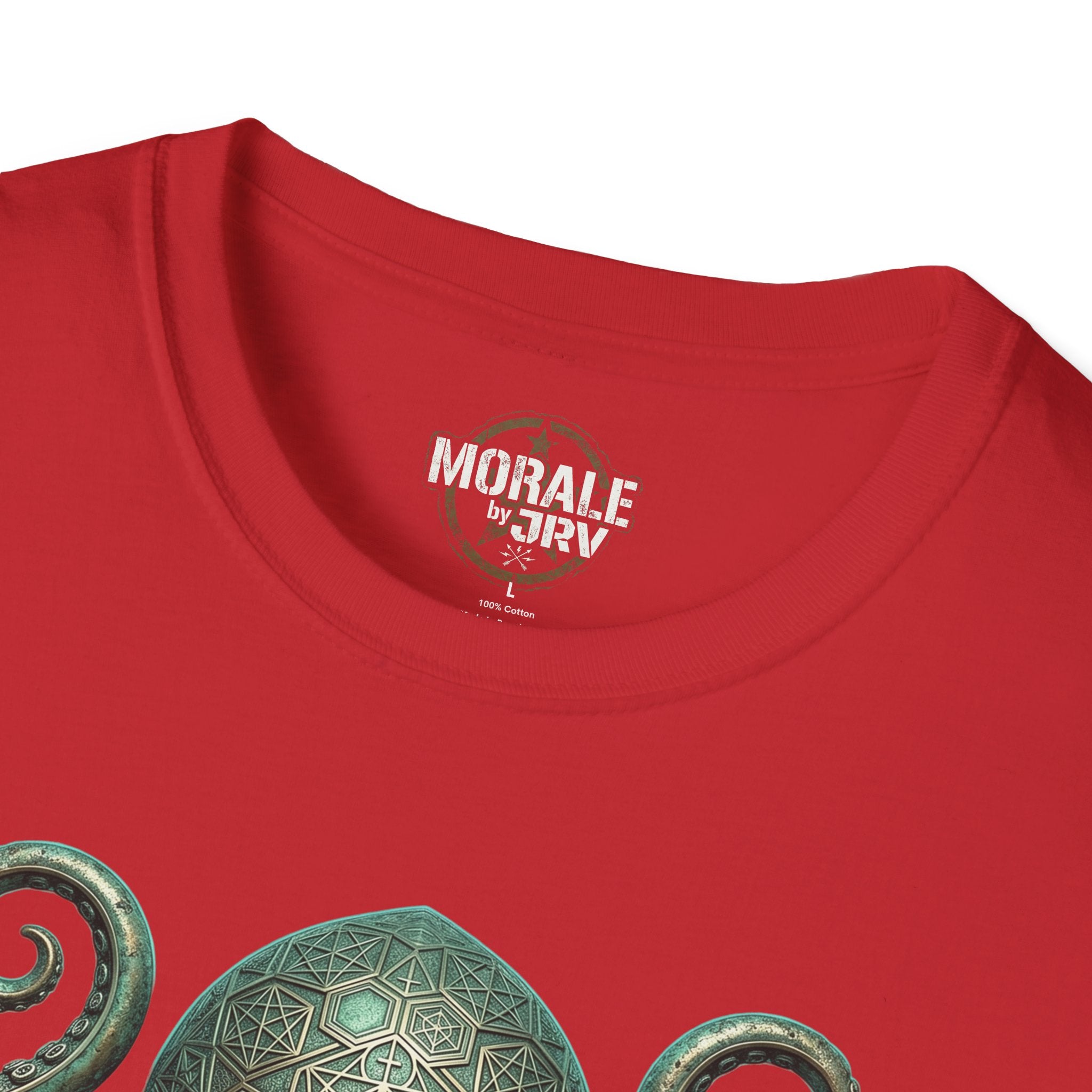 Red t-shirt close-up of chest logo and top of octopus graphic