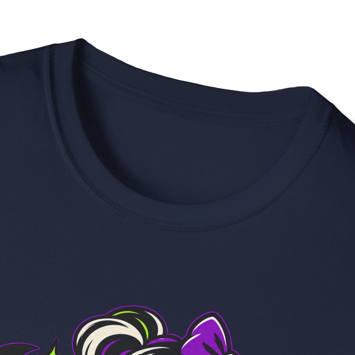 Navy crew-neck T-shirt close-up of neckline with partial monster graphic