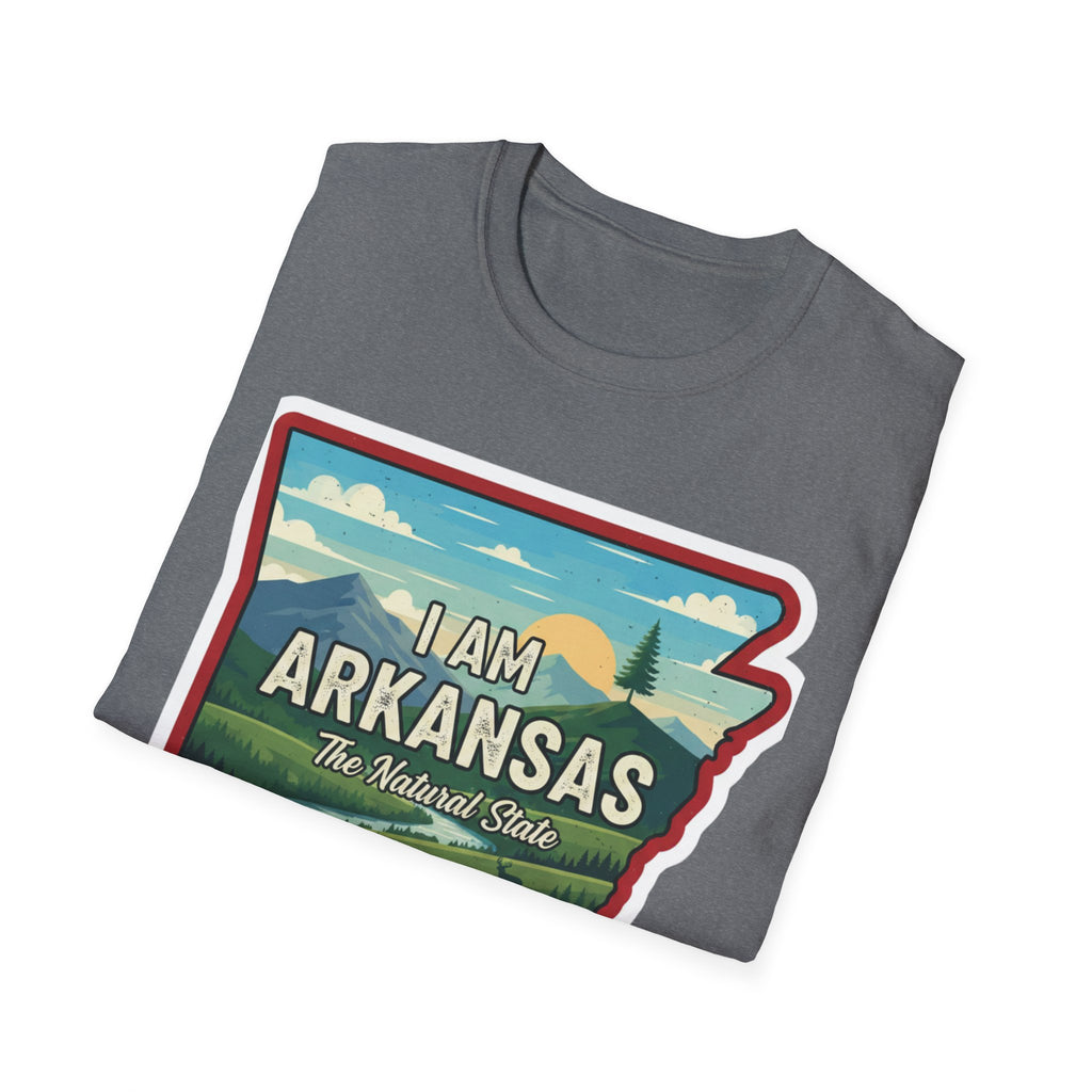 Camiseta gris jaspeado con diseño “I AM ARKANSAS” y paisaje “The Natural State”