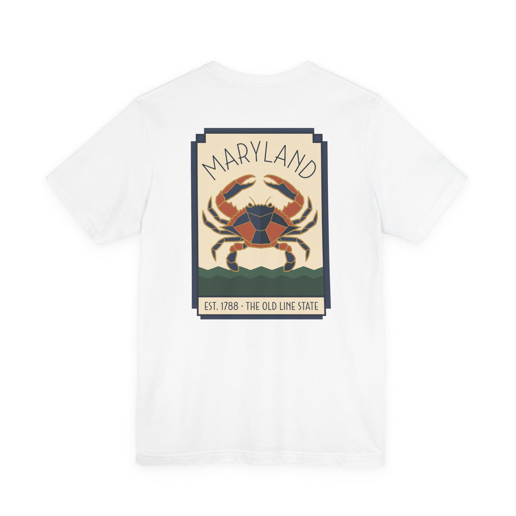 White t-shirt with Maryland art deco crab graphic on the front