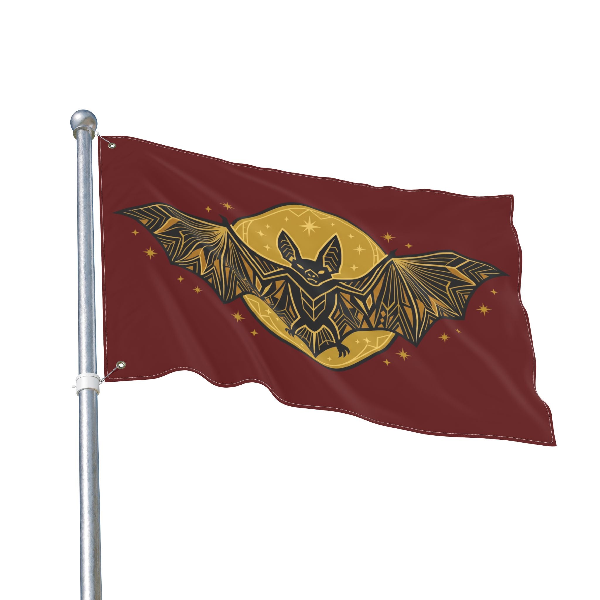 Burgundy bat moon flag on metal pole, gold bat and moon graphic