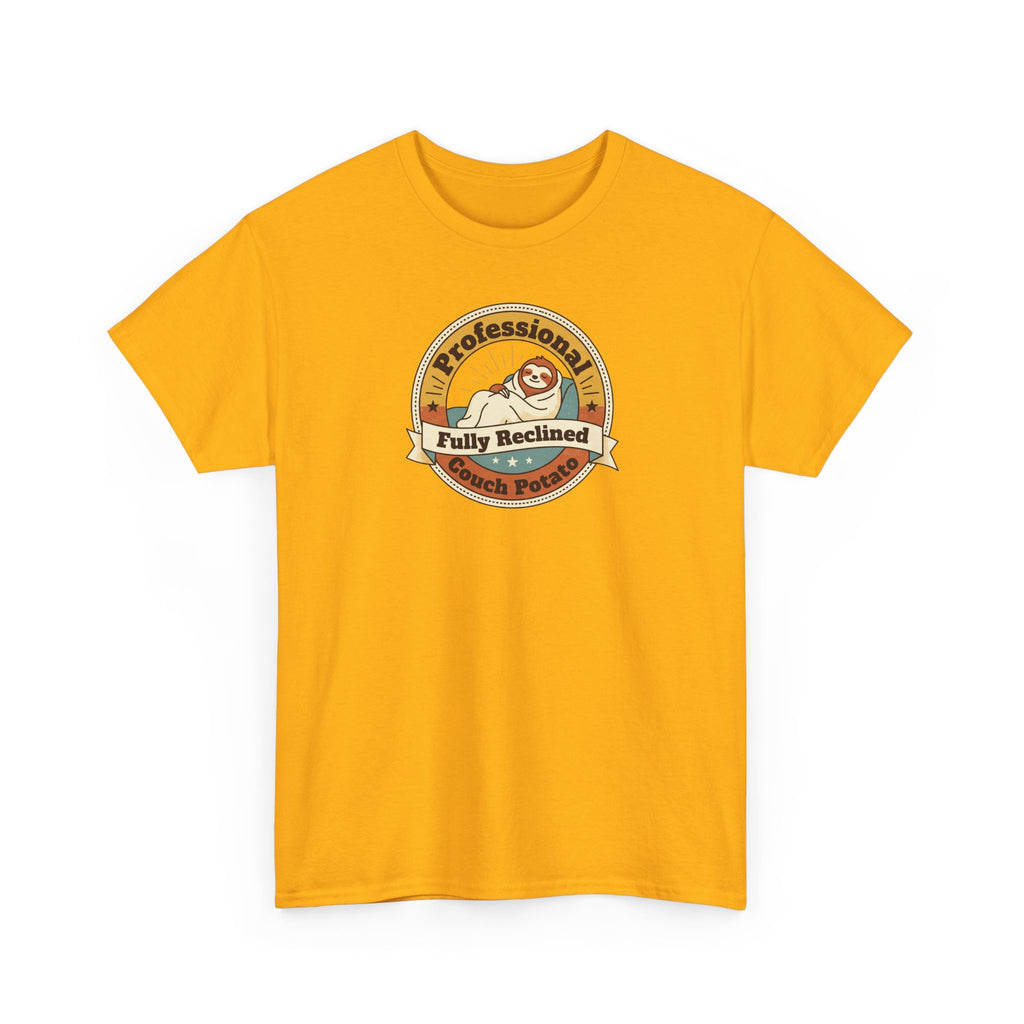Orange T-shirt with circular sloth graphic logo on the chest
