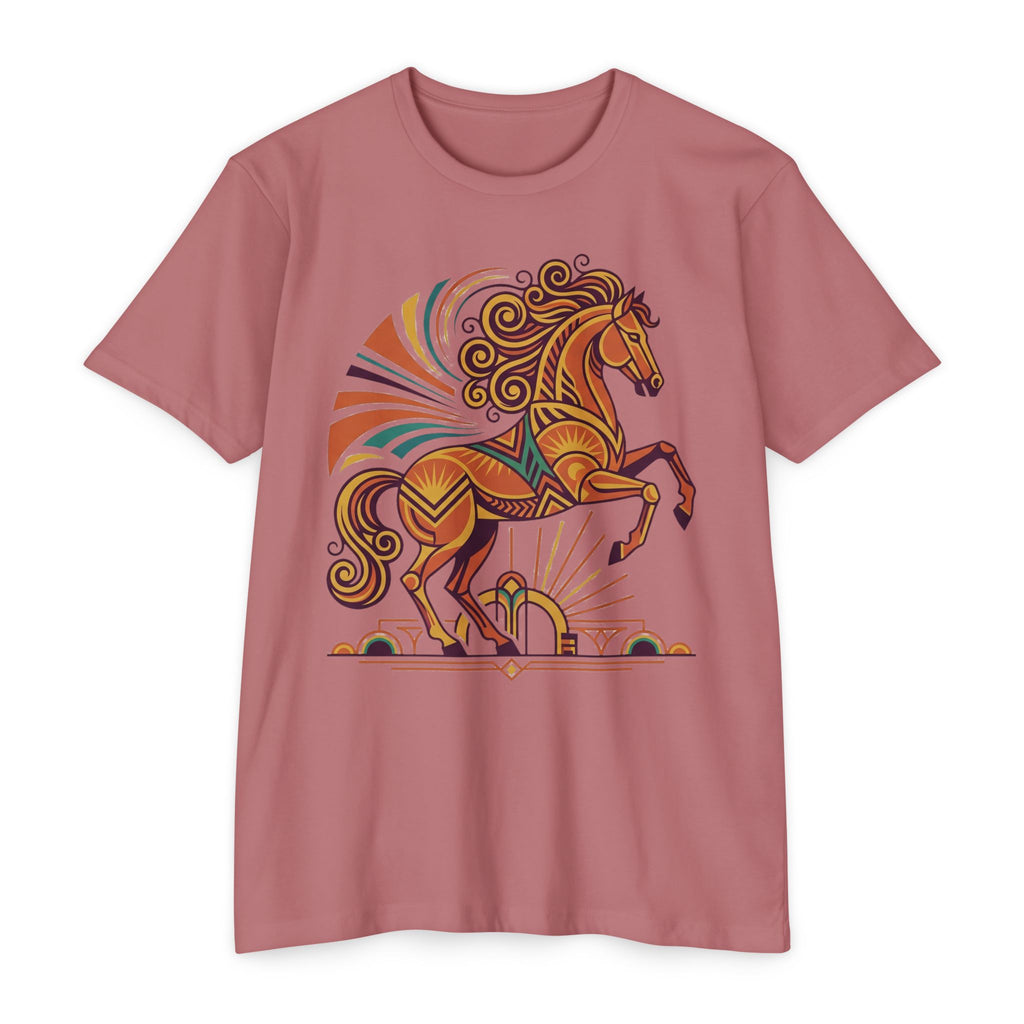 Dusty rose t-shirt with prancing horse graphic in orange and teal swirl details.