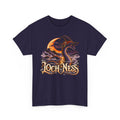 Navy purple Halloween t-shirt with Nessie in witch hat and moonlit lake graphic