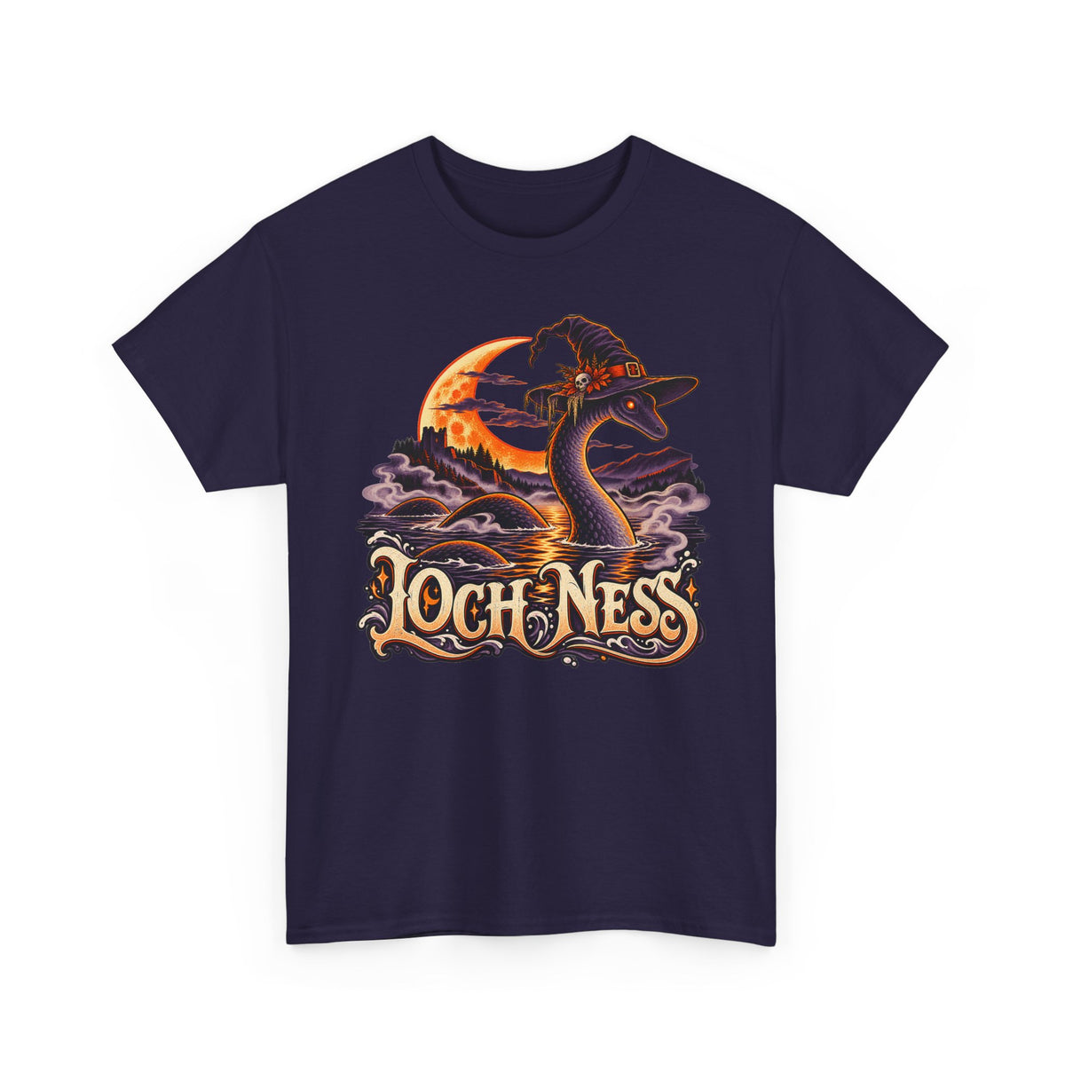 Navy purple Halloween t-shirt with Nessie in witch hat and moonlit lake graphic