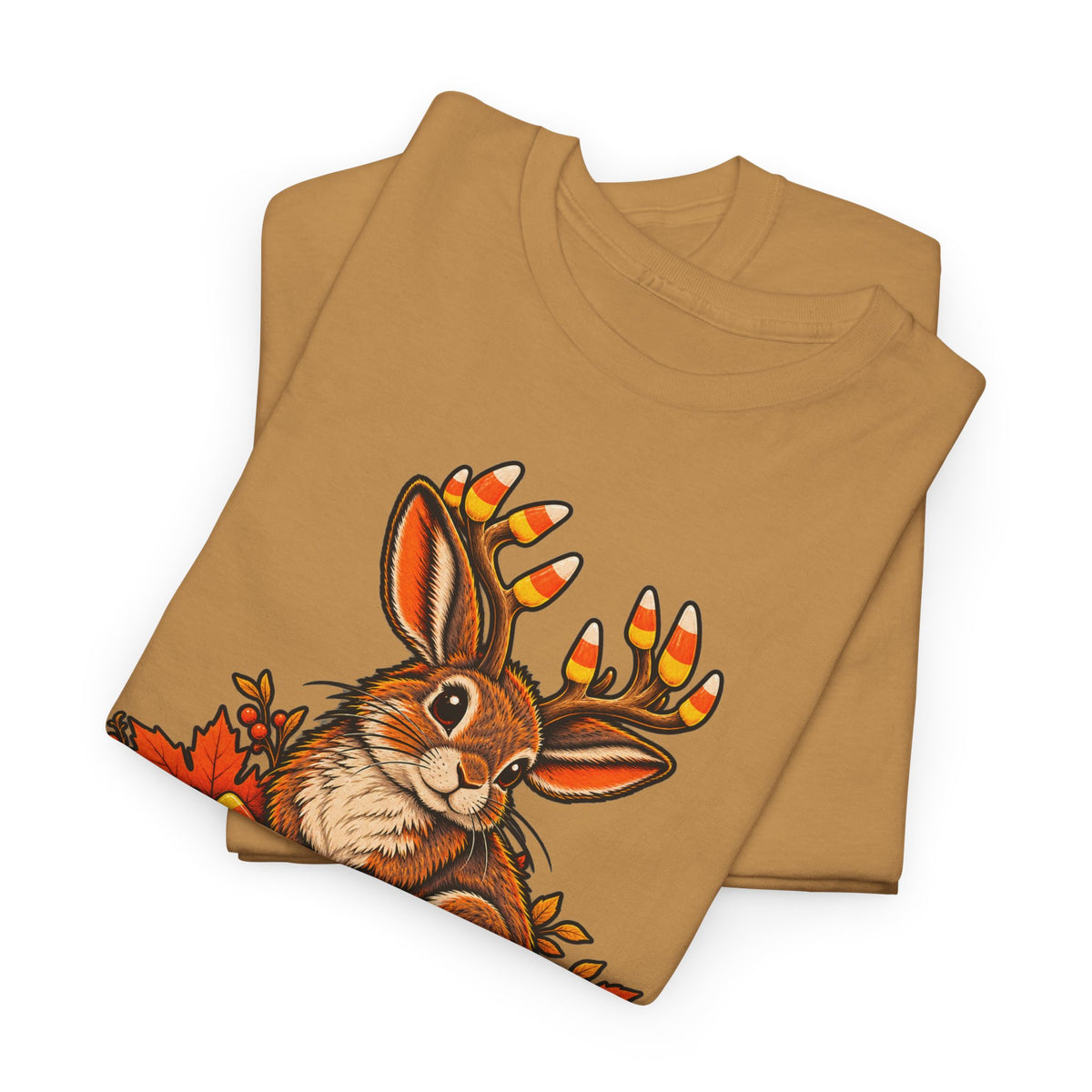 Halloween jackalope T-shirt, tan with printed bunny head and candy corn antlers