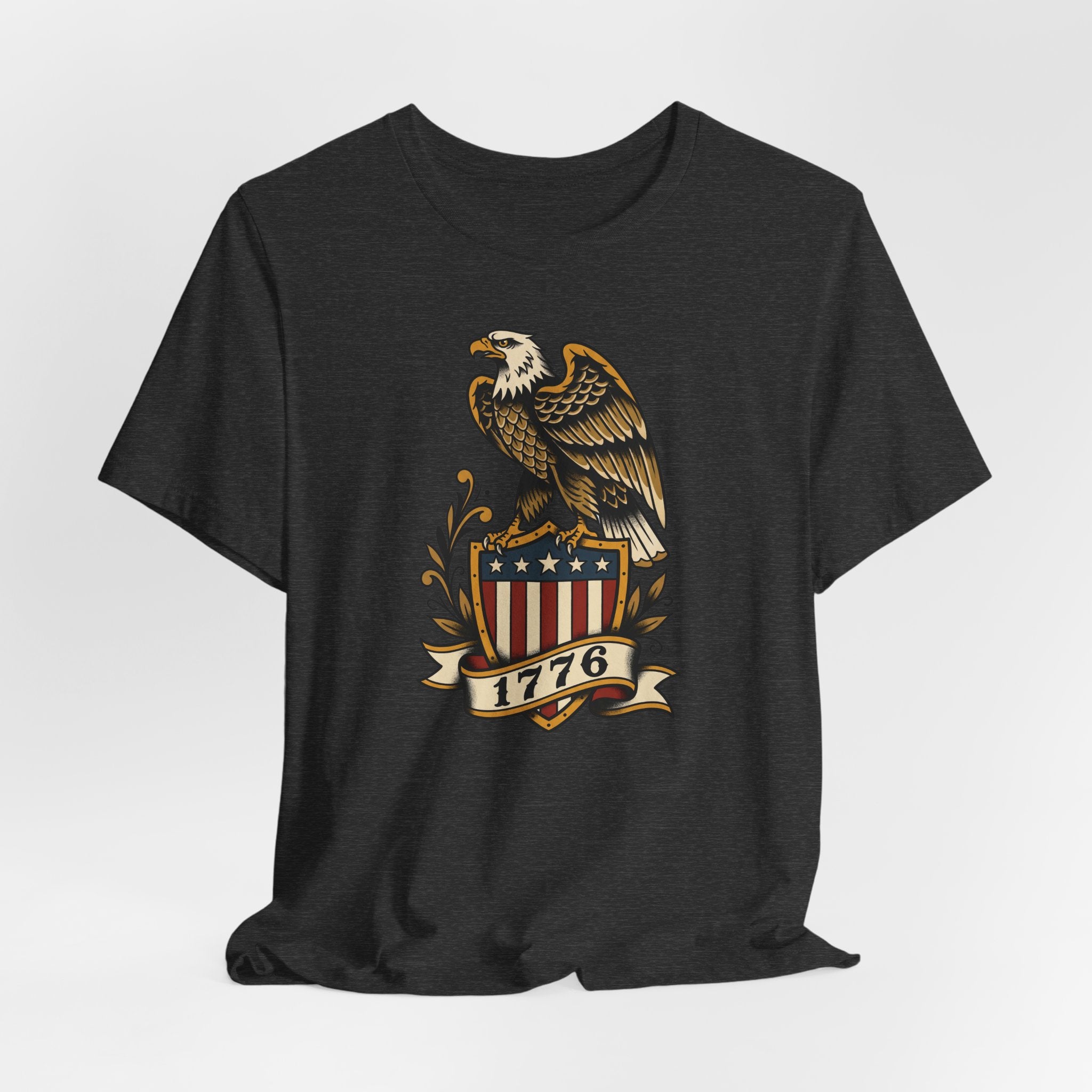 Black crewneck T-shirt with eagle shield graphic centered on chest