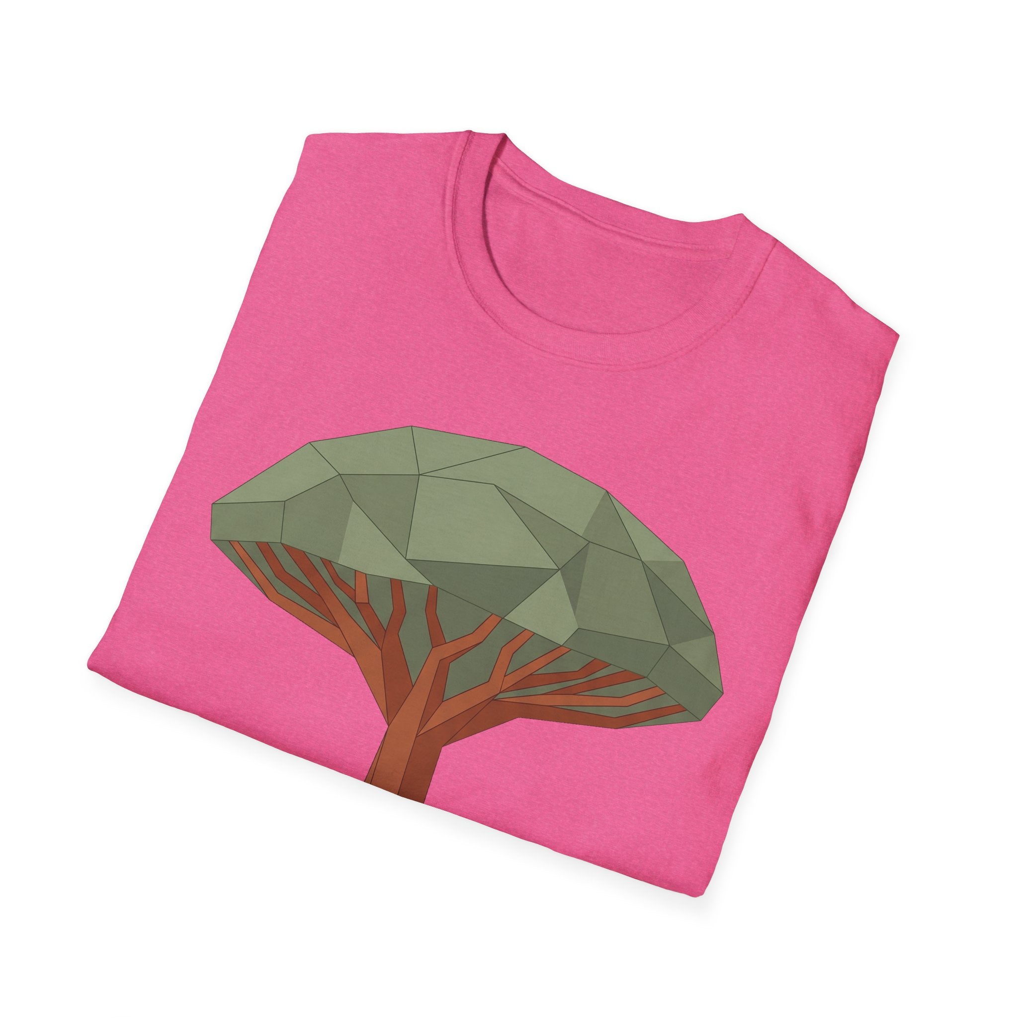 Geometric dragon blood tree T-shirt, pink; large faceted tree graphic front.
