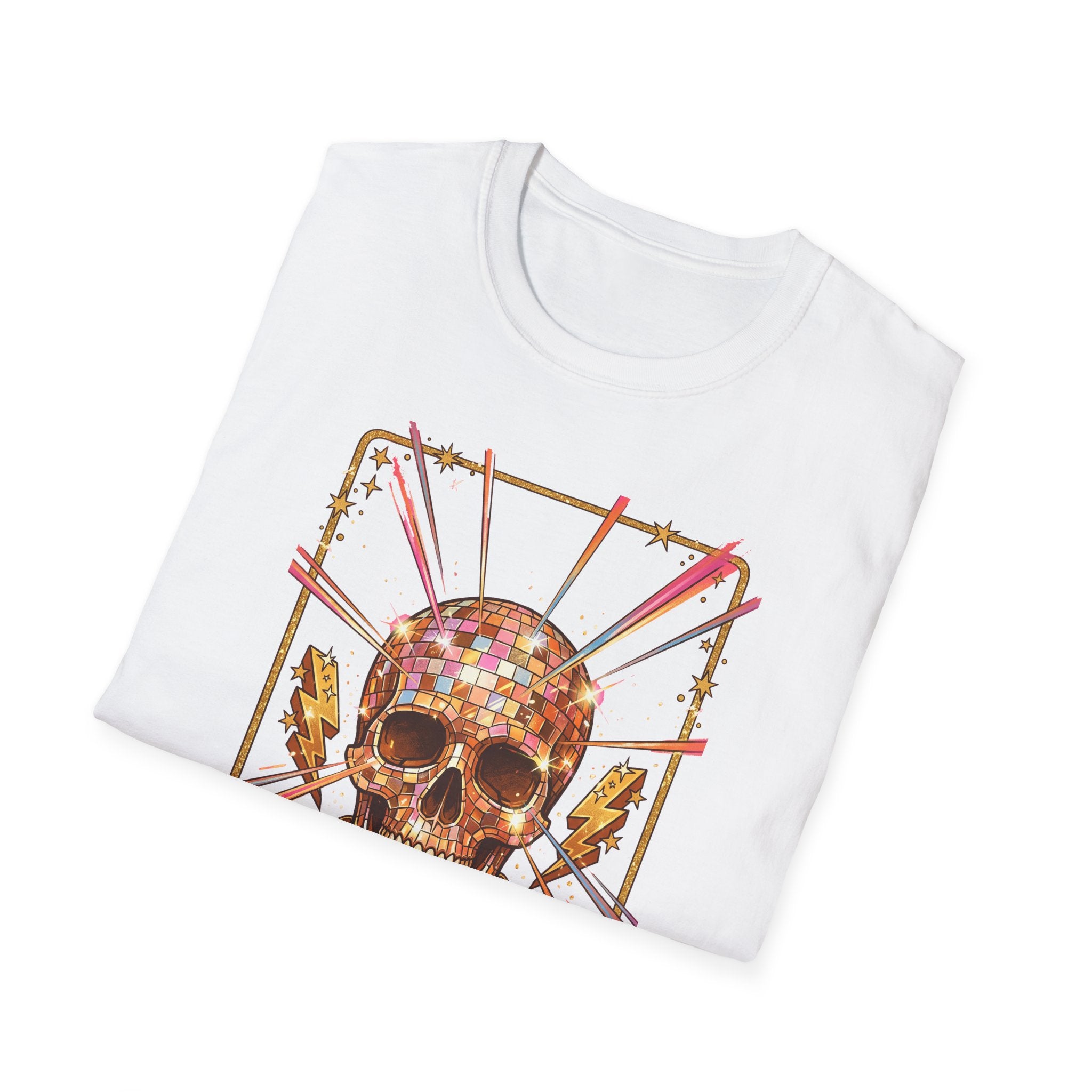 White Disco skull T-shirt with mirrored disco ball and retro frame graphic
