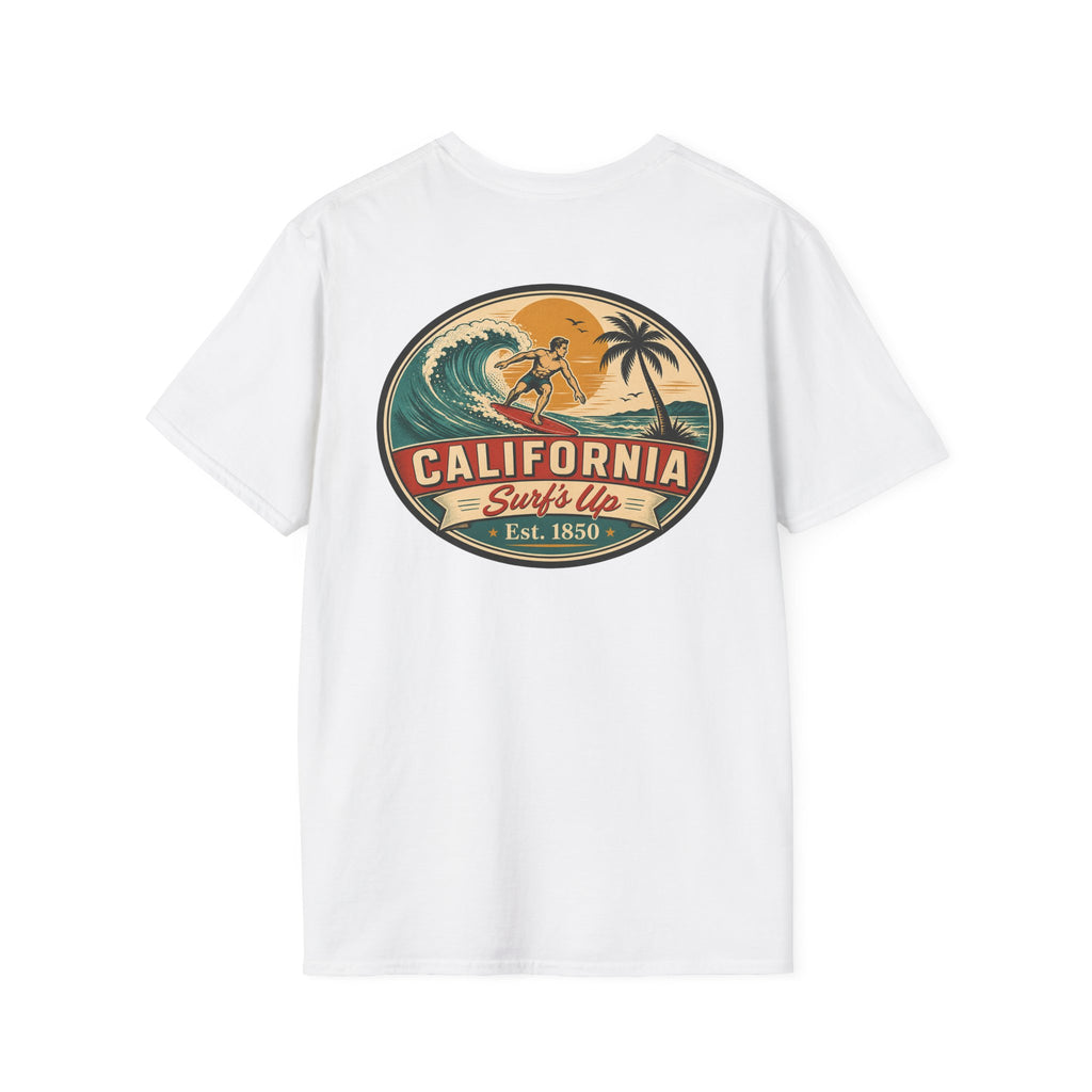 White California Surfs Up T-shirt with oval surf graphic on chest