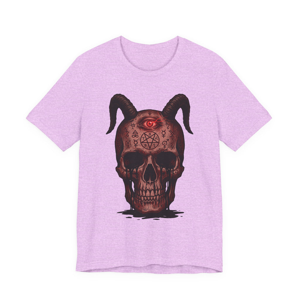 Heather lilac unisex T-shirt with horned skull demon graphic