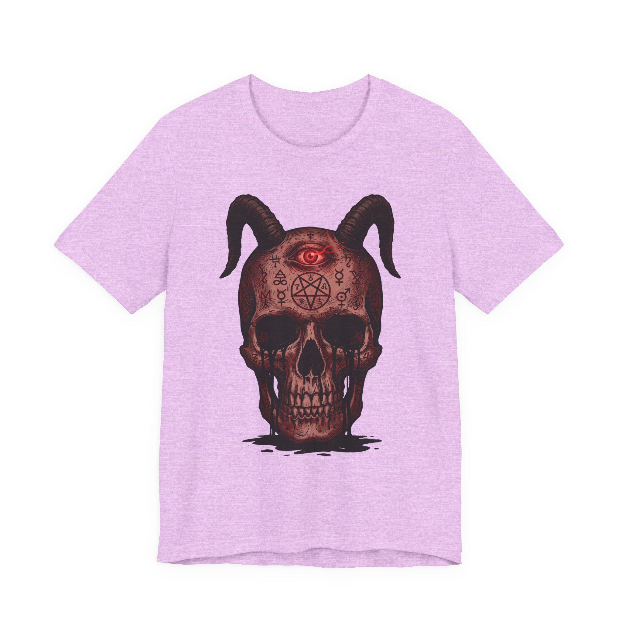 Heather lilac unisex T-shirt with horned skull demon graphic
