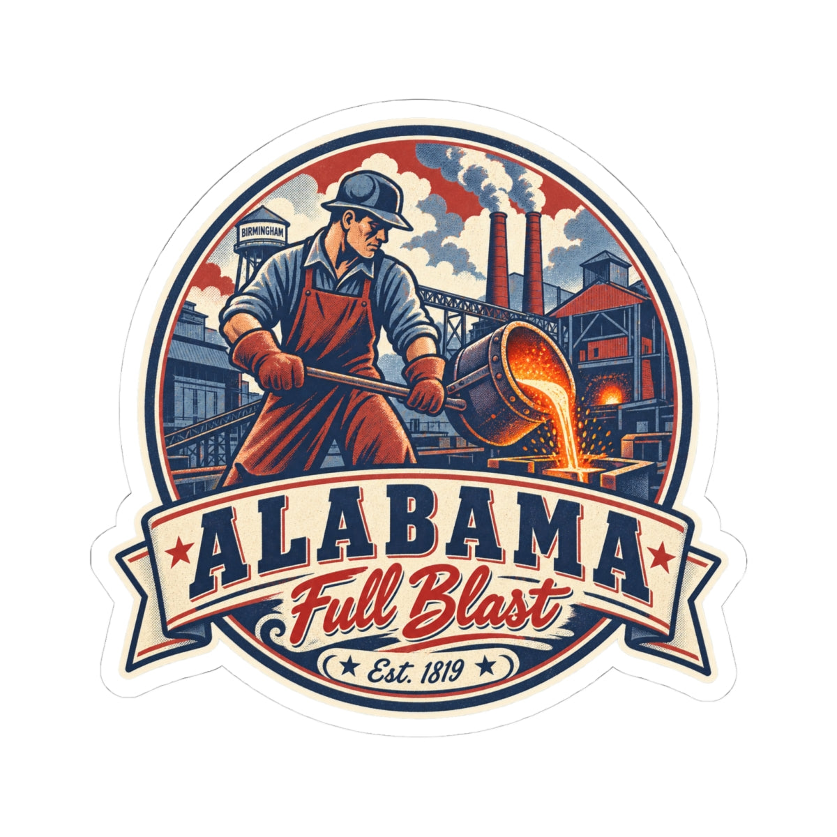 Alabama Full Blast Est. 1819 sticker with factory worker holding a tool and cannon