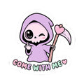 Cute purple grim reaper sticker with raised scythe, hearts, and “COME WITH ME”.