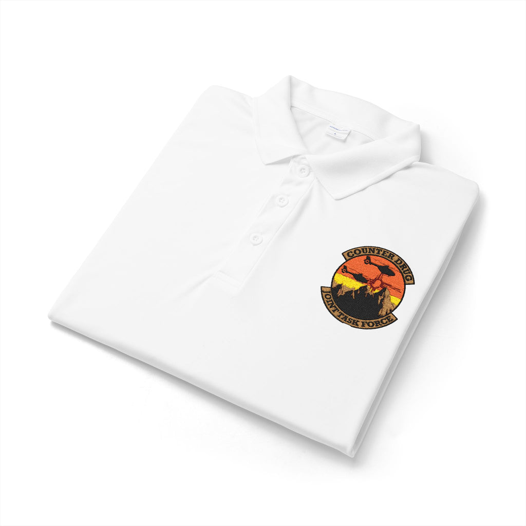 White polyester polo shirt folded with embroidered chest logo and button placket