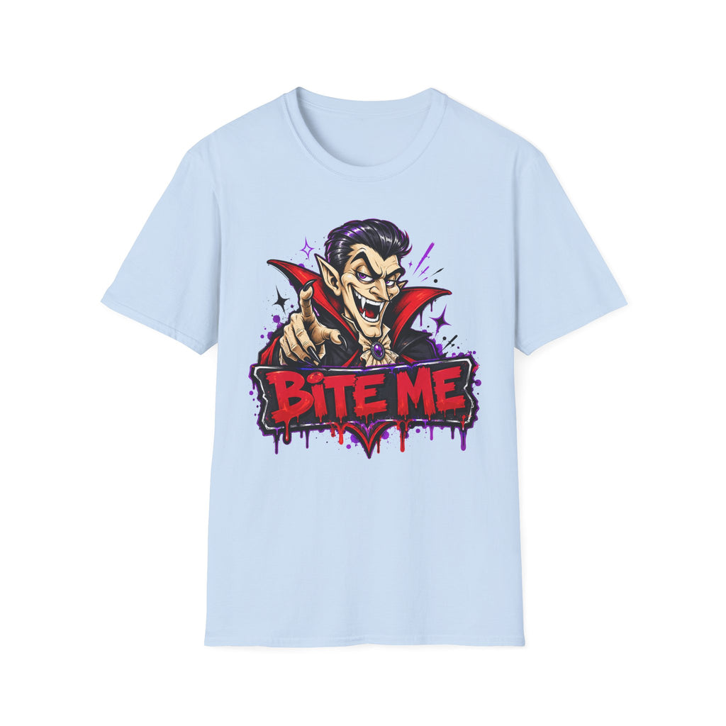 Light blue T-shirt featuring a vampire character and “BITE ME” graphic