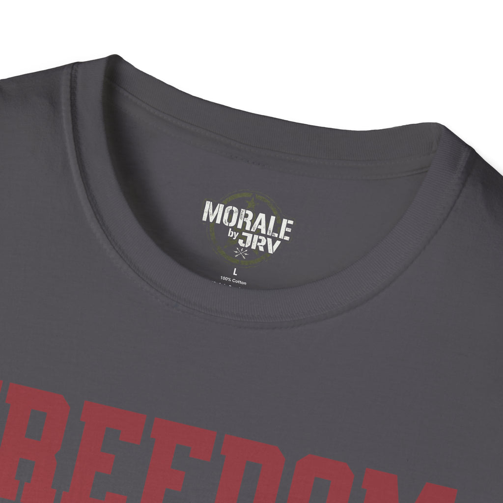 Charcoal tee neck logo 'MORAL by JRL' and partial Freedom red lettering