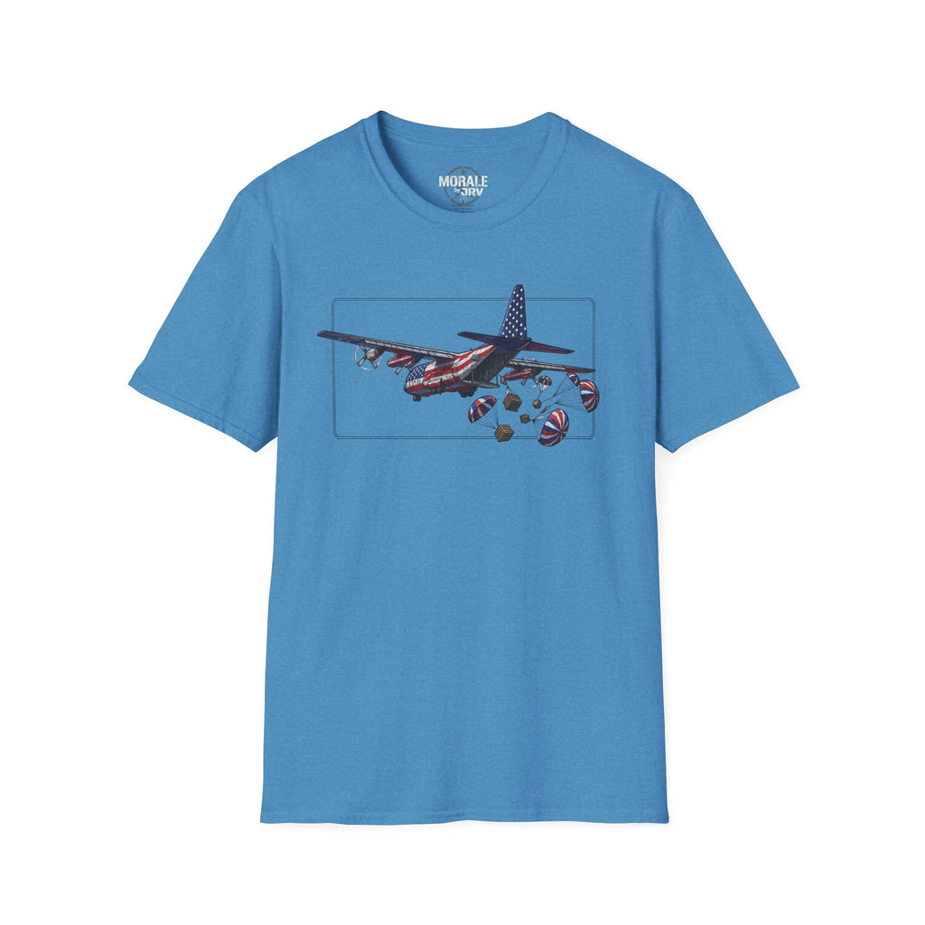 Helles Blaues C-130 T‑Shirt mit Grafik von Flugzeug und Fallschirm-Paketen im Rahmen