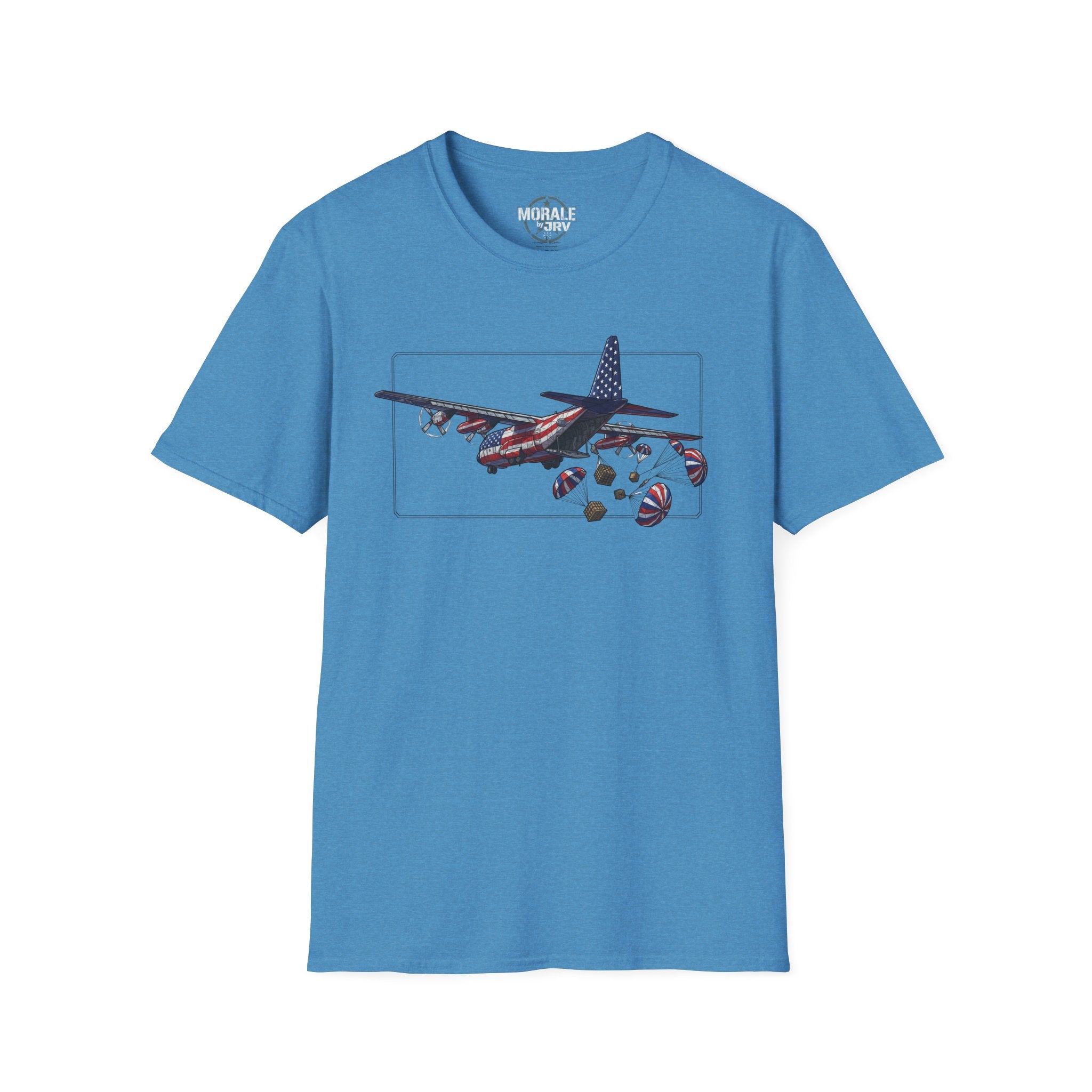 Helles Blaues C-130 T‑Shirt mit Grafik von Flugzeug und Fallschirm-Paketen im Rahmen