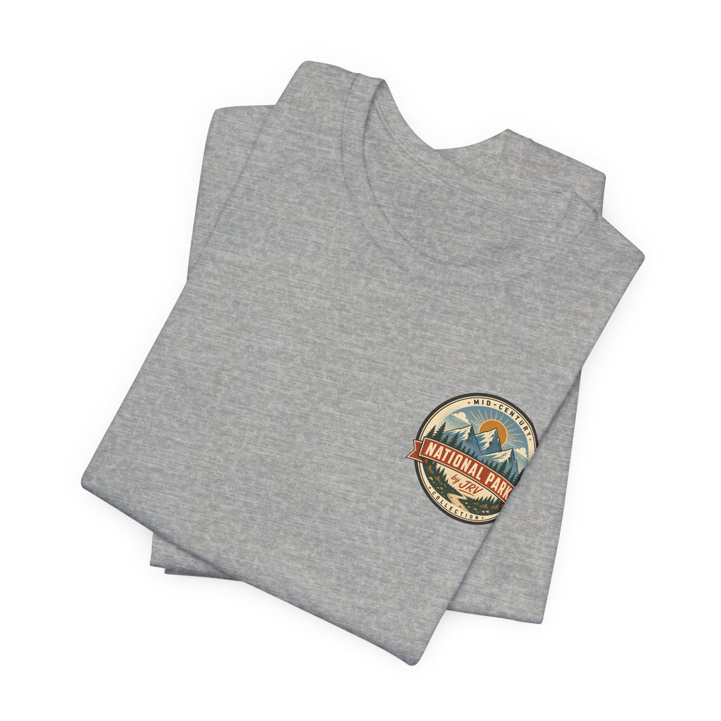 Heather gray crewneck T-shirt with National Park logo patch graphic on chest