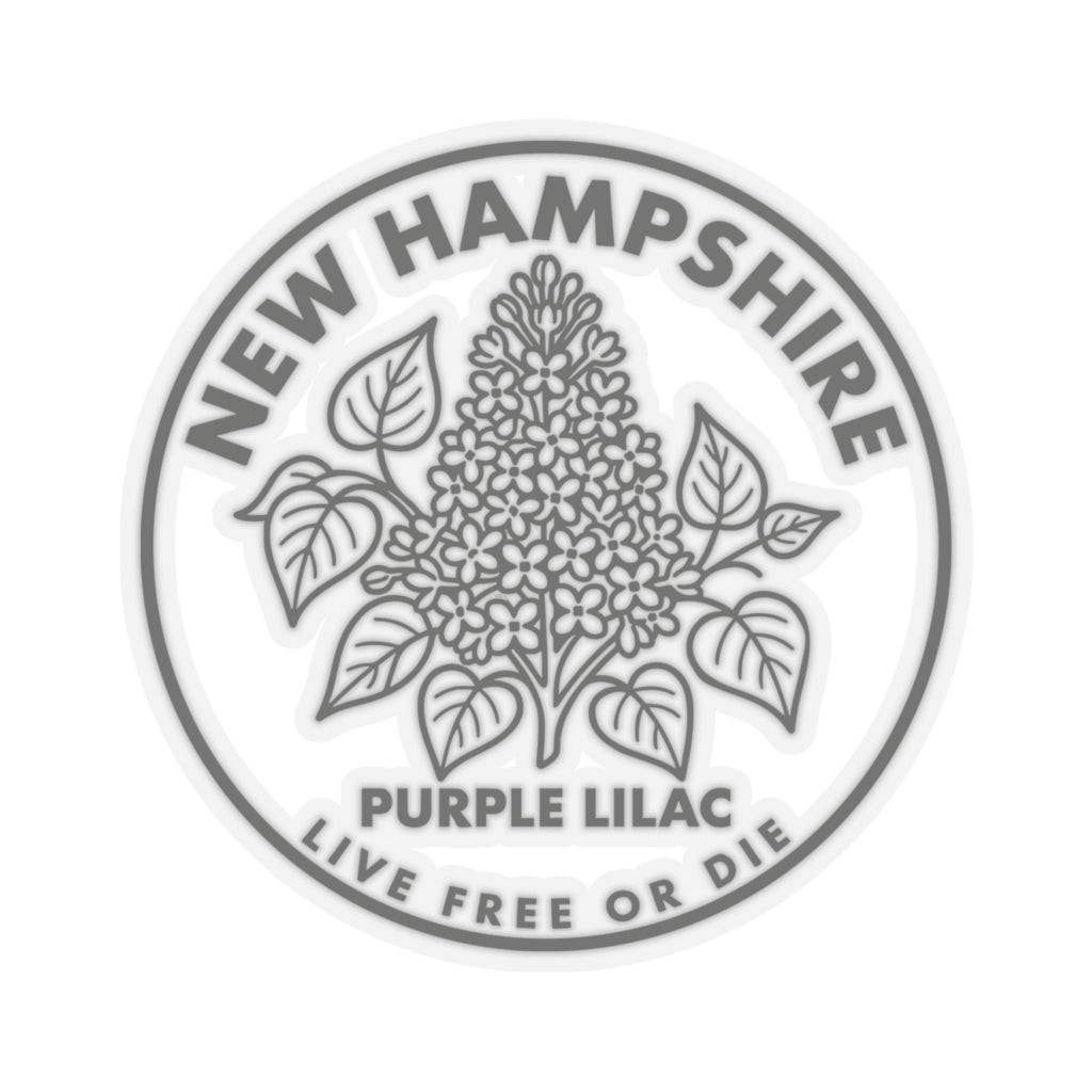 Circular transparent-vinyl decal featuring purple lilac blossoms and state name