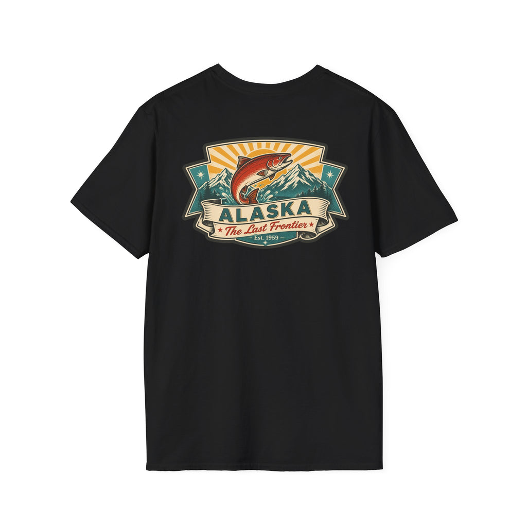 Souvenir T-shirt in black with Alaska badge salmon mountain front print