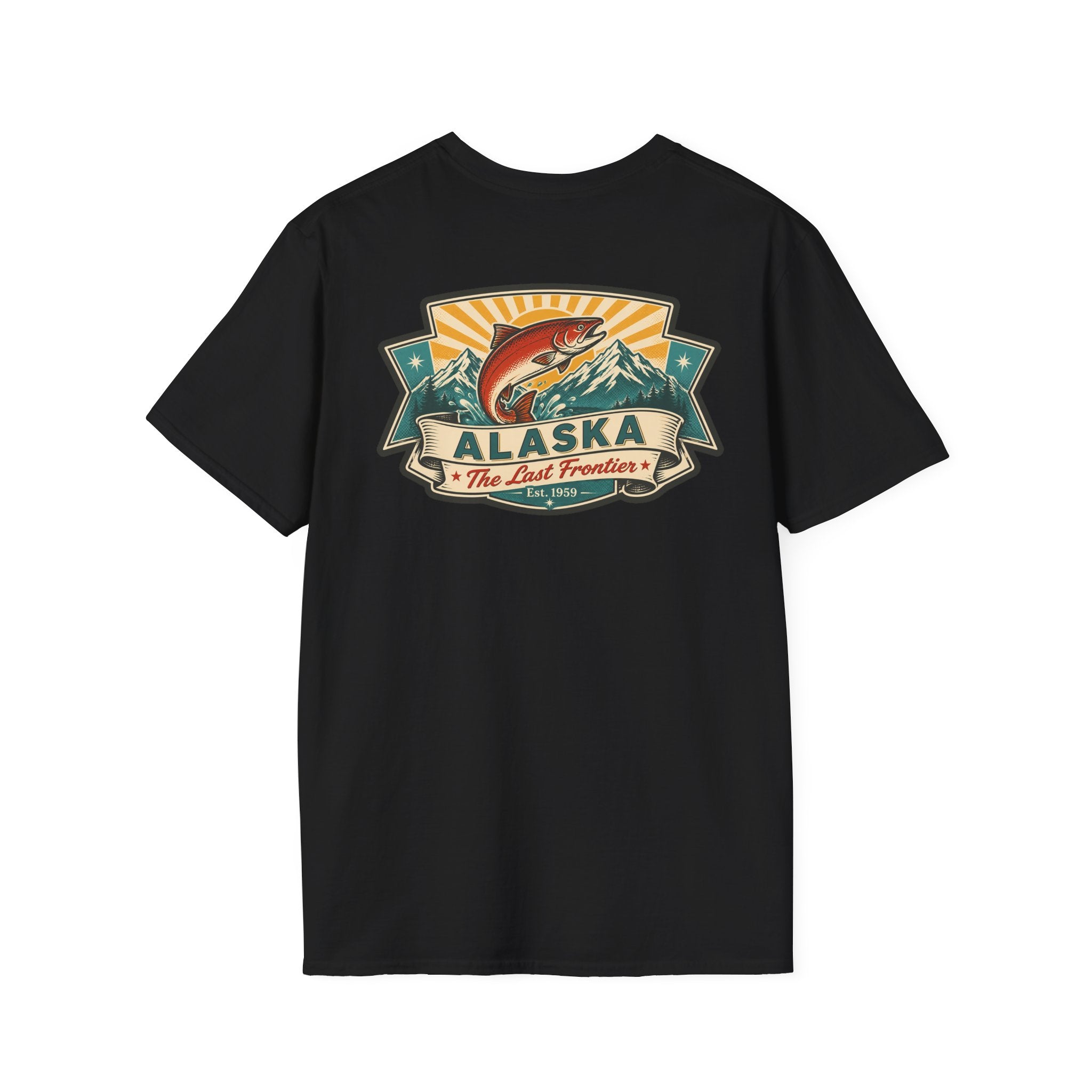 Souvenir T-shirt in black with Alaska badge salmon mountain front print