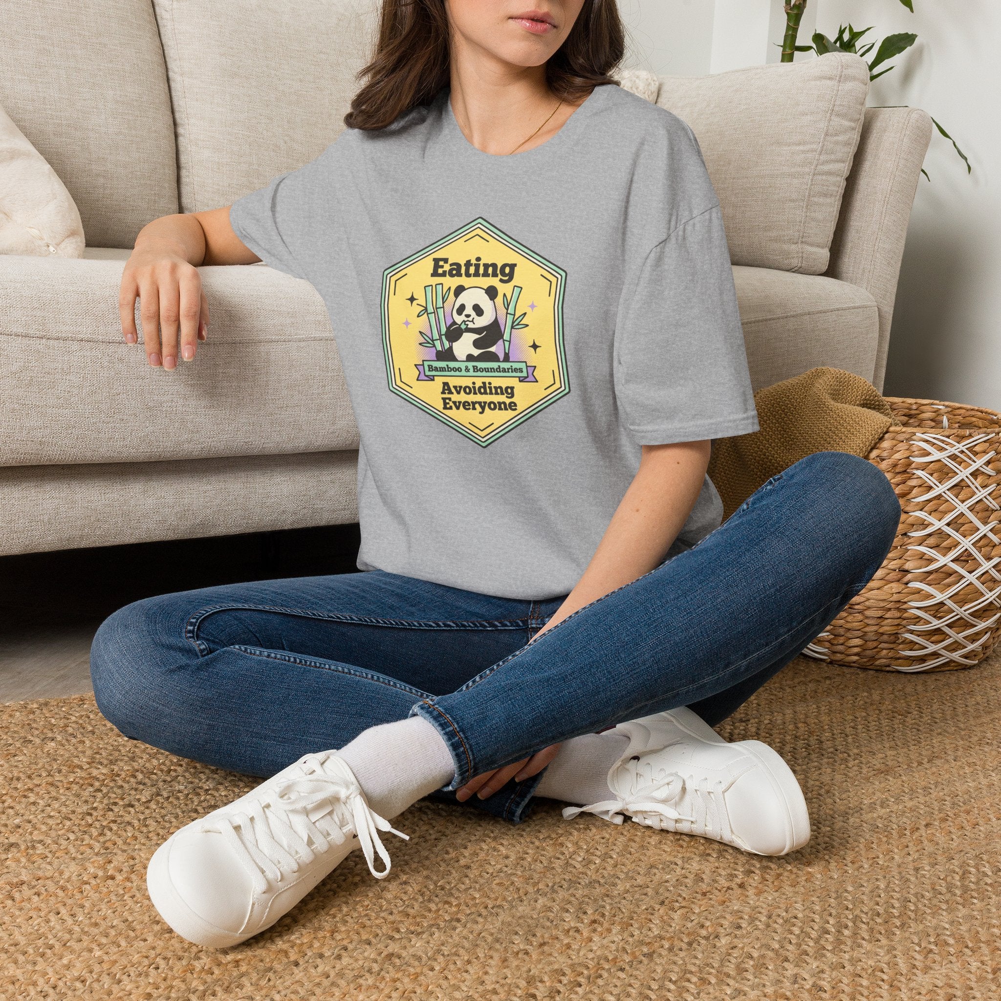 Unisex softstyle T-shirt, light gray, with front cartoon text graphic