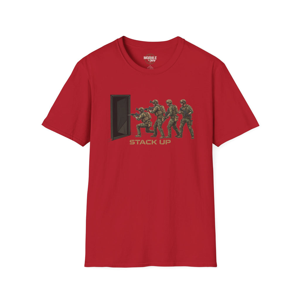 Cherry red T-shirt with “Stack Up” tactical soldiers at doorway graphic
