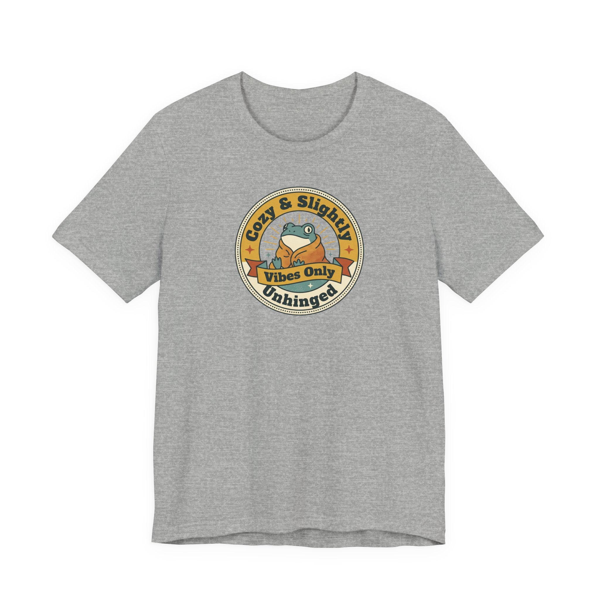 Dark heather grey sloth graphic T-shirt with round badge emblem on chest
