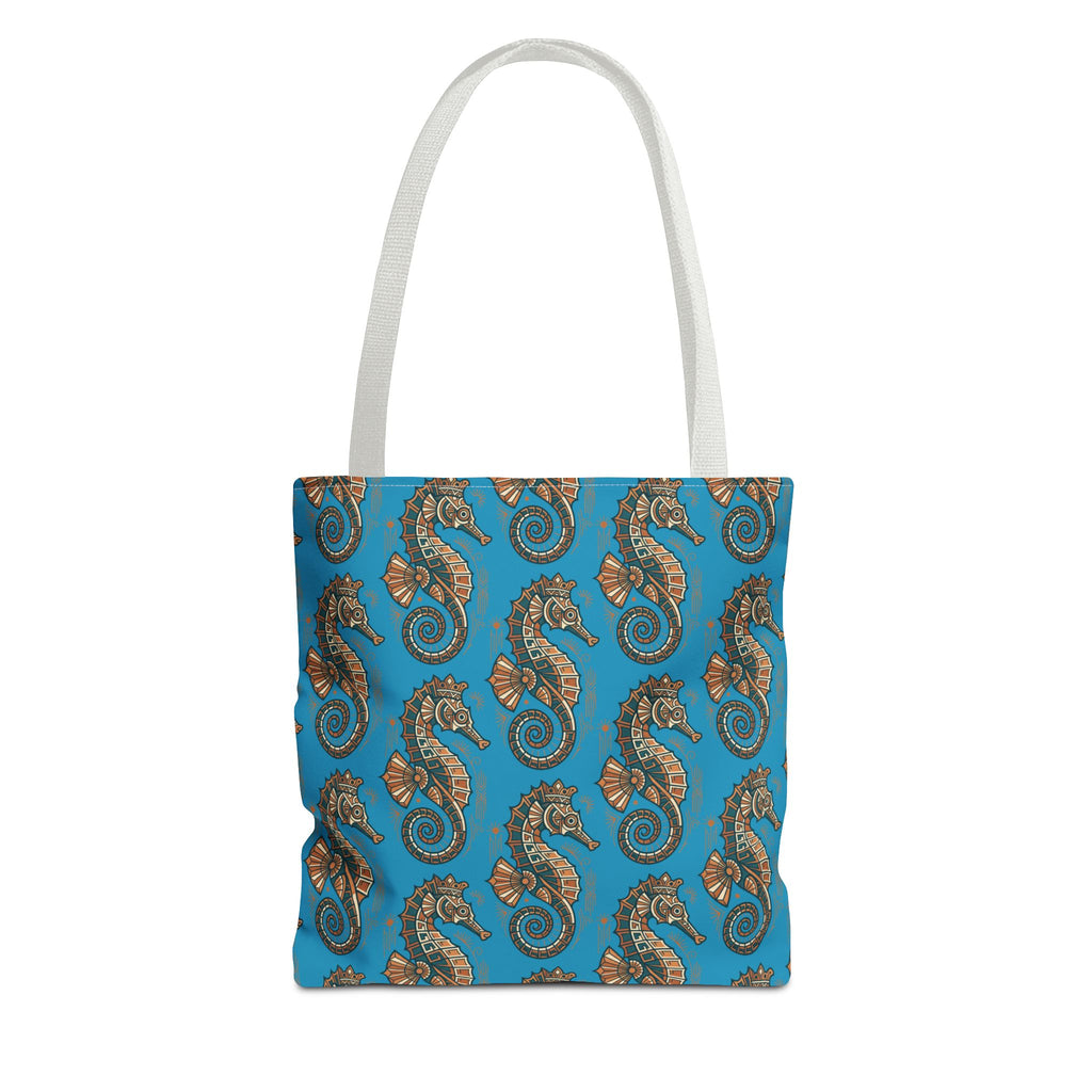 Ocean-blue tote bag with steampunk seahorse and gear all-over print, gray handles