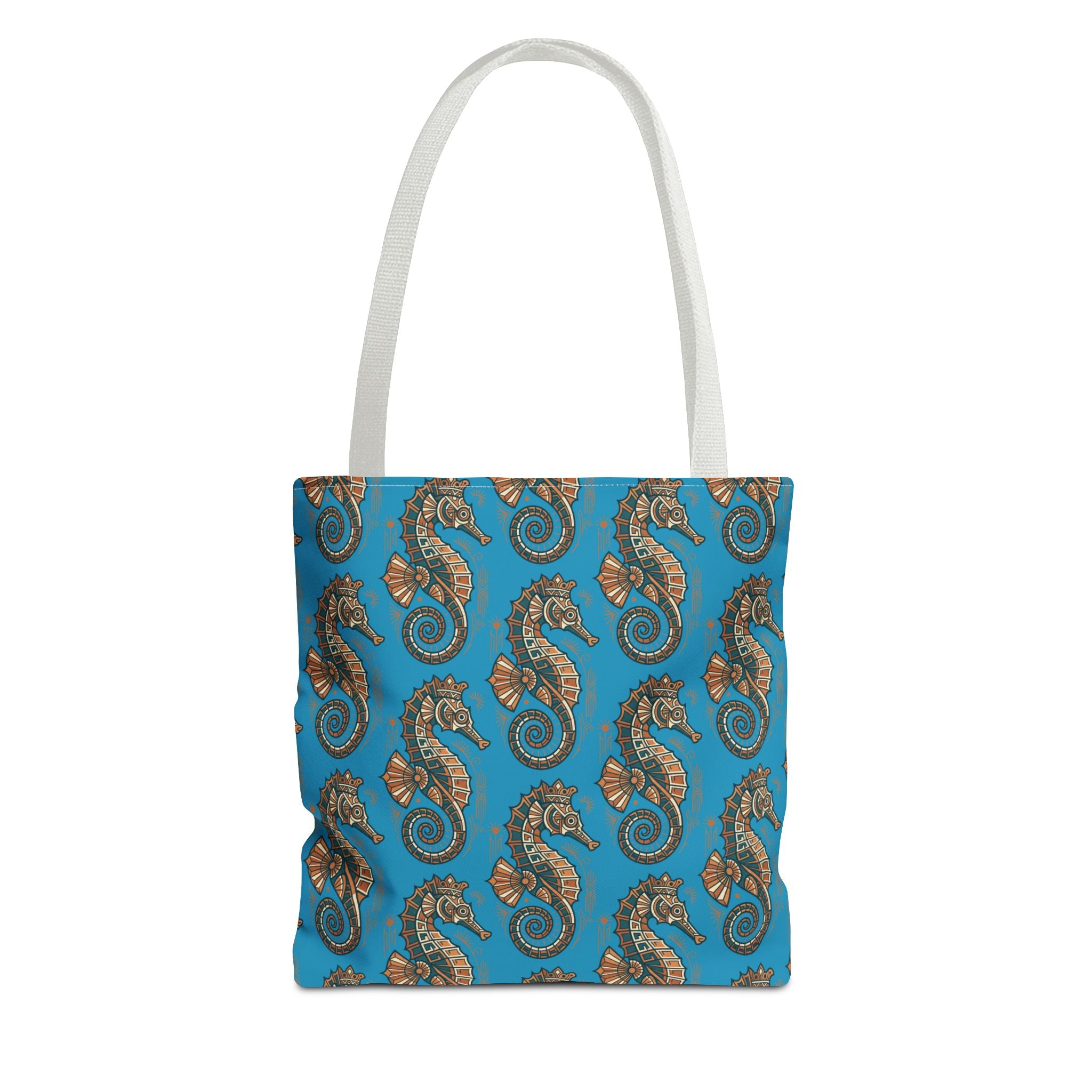 Ocean-blue tote bag with steampunk seahorse and gear all-over print, gray handles