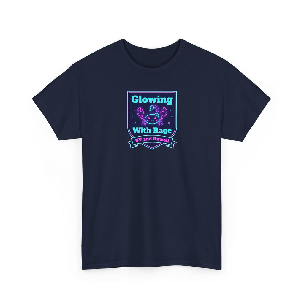 Dark navy graphic tee with glowing skull shield design