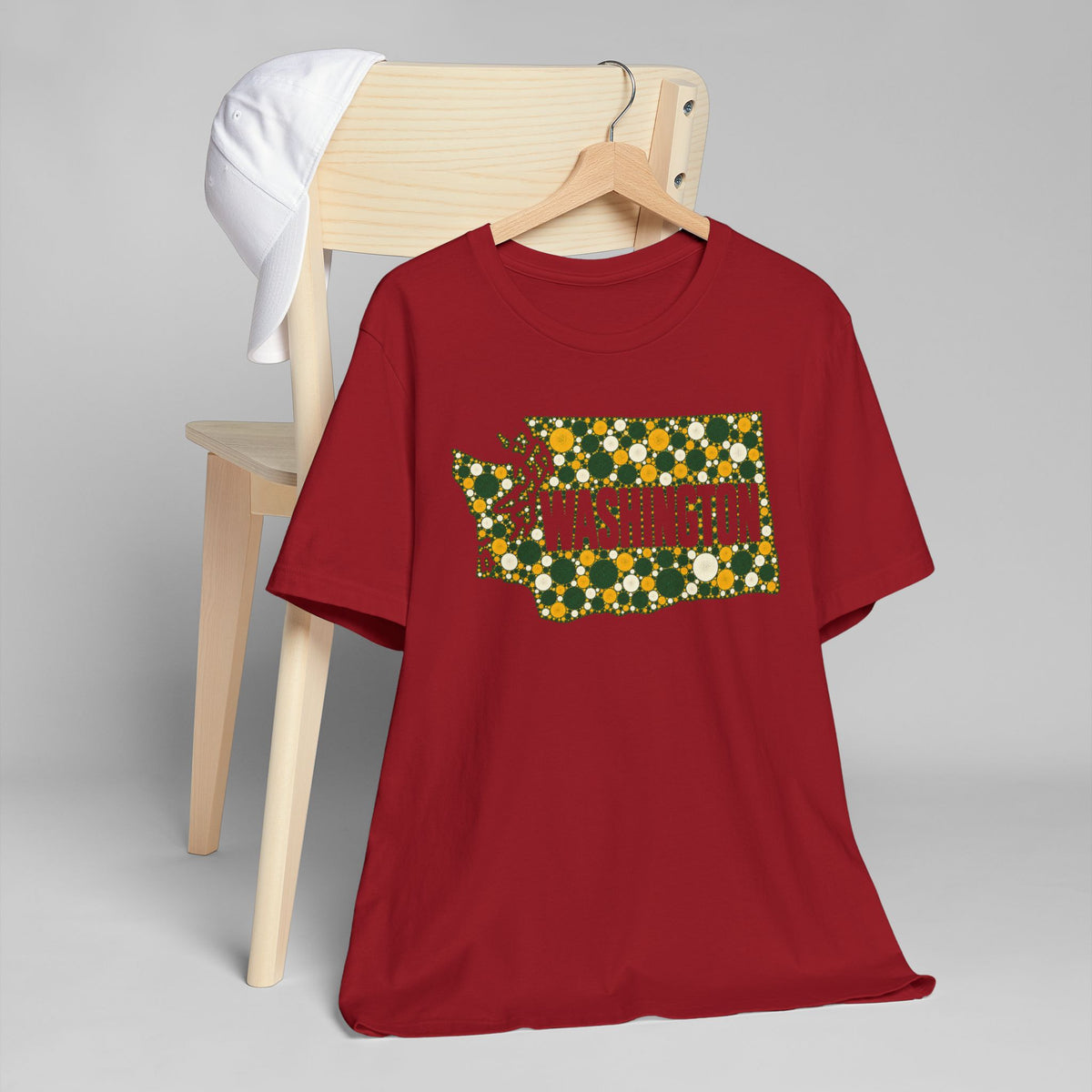 Burgundy crewneck T-shirt with colorful Washington graphic print on chest
