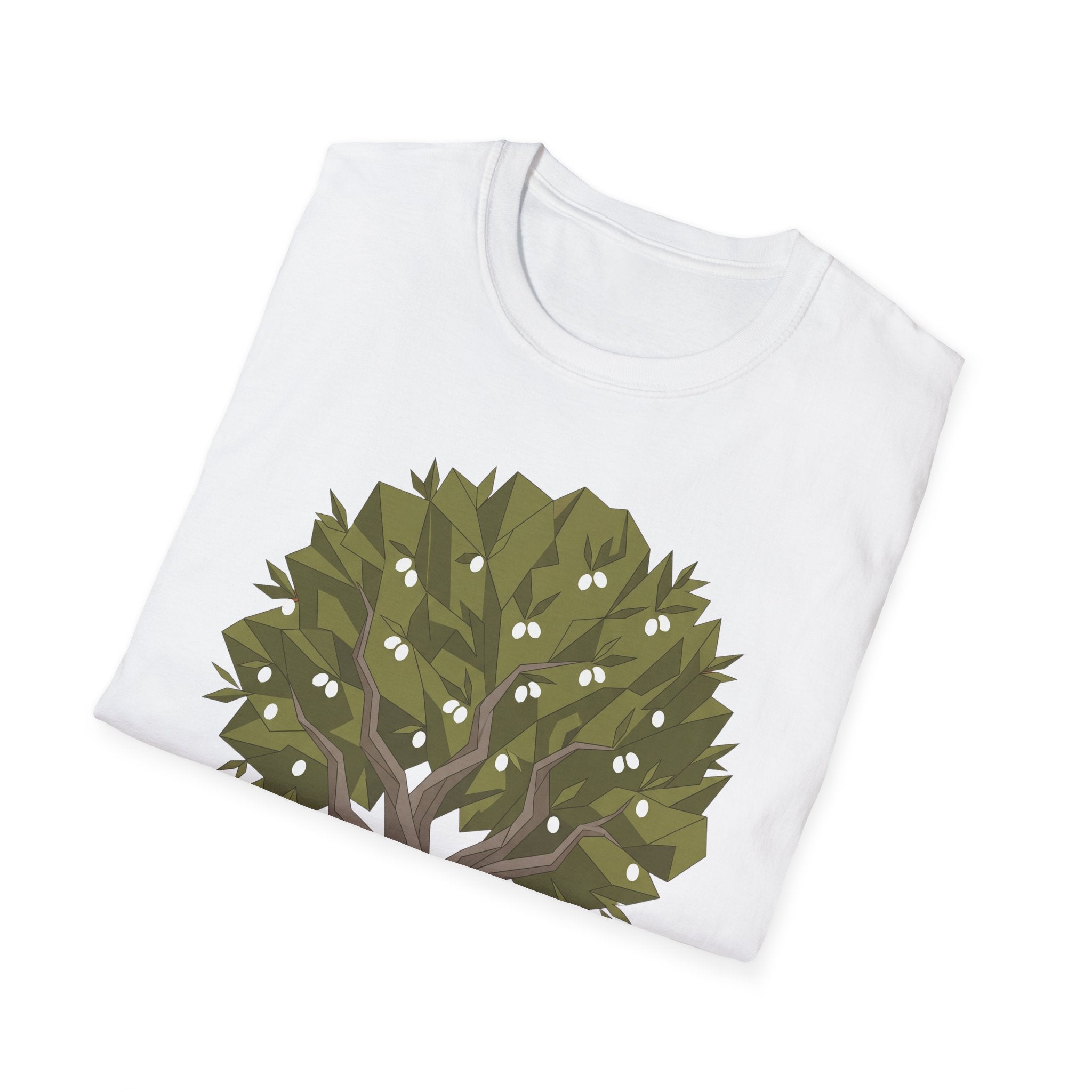 Twisted Olive Tree T-Shirt (white) twisted olive tree graphic with green canopy and trunk