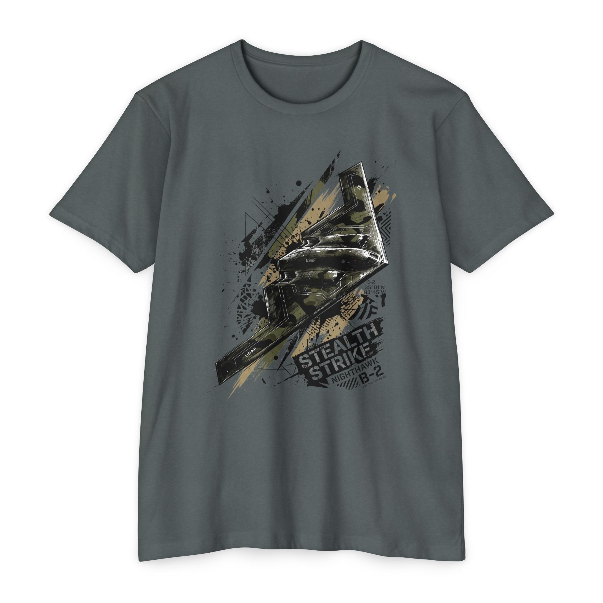 Slate blue bomber T-shirt with short sleeves and crew neck; B-2 style graphic front