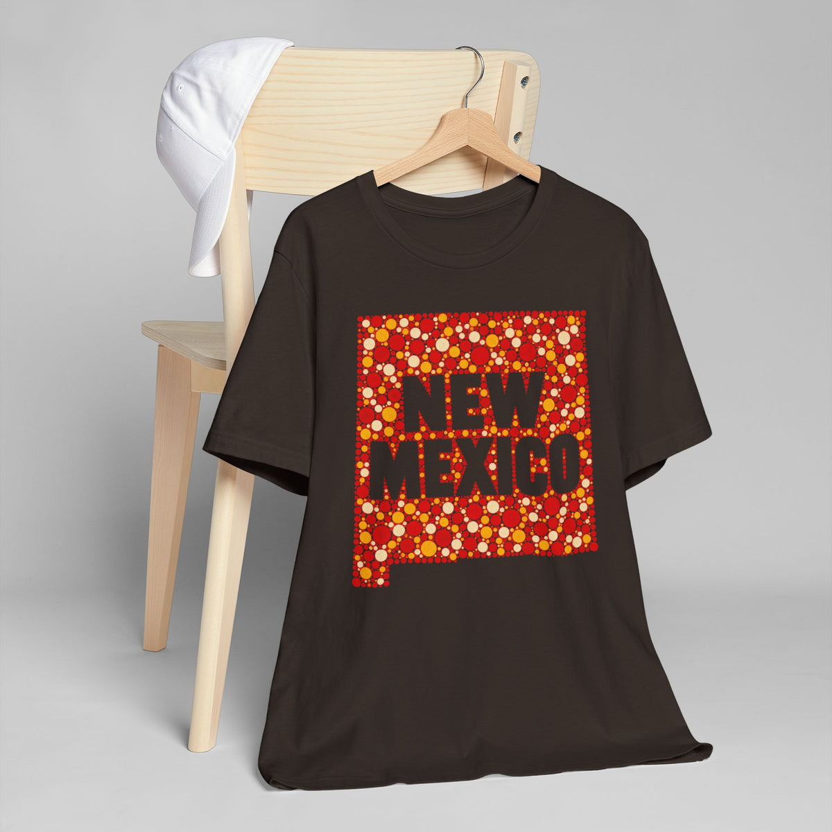 Black crew-neck T-shirt with red and orange New Mexico graphic print