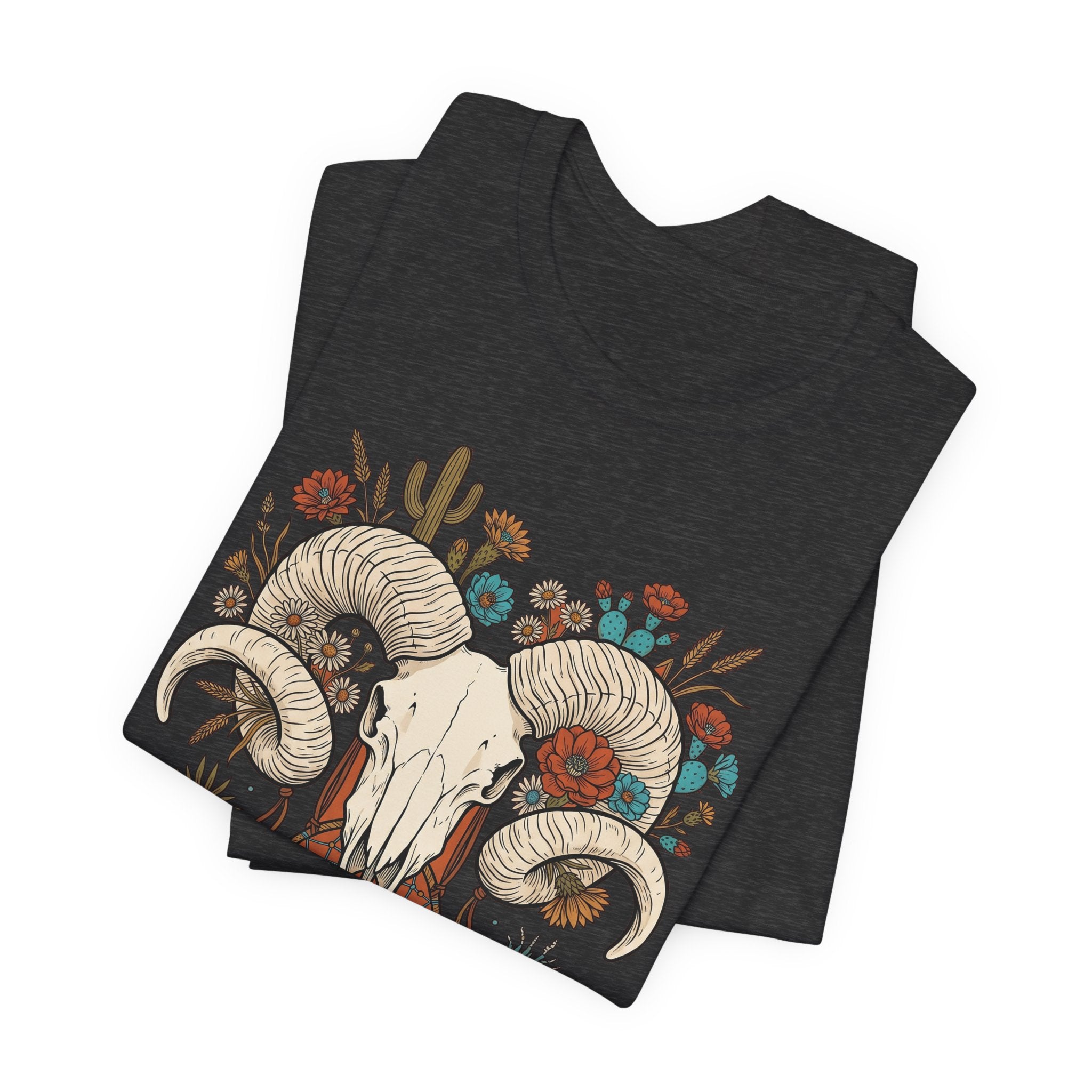 Dark Grey Heather T-Shirt mit Widderkopf, Hörnern und buntem Blumen-Feder-Design