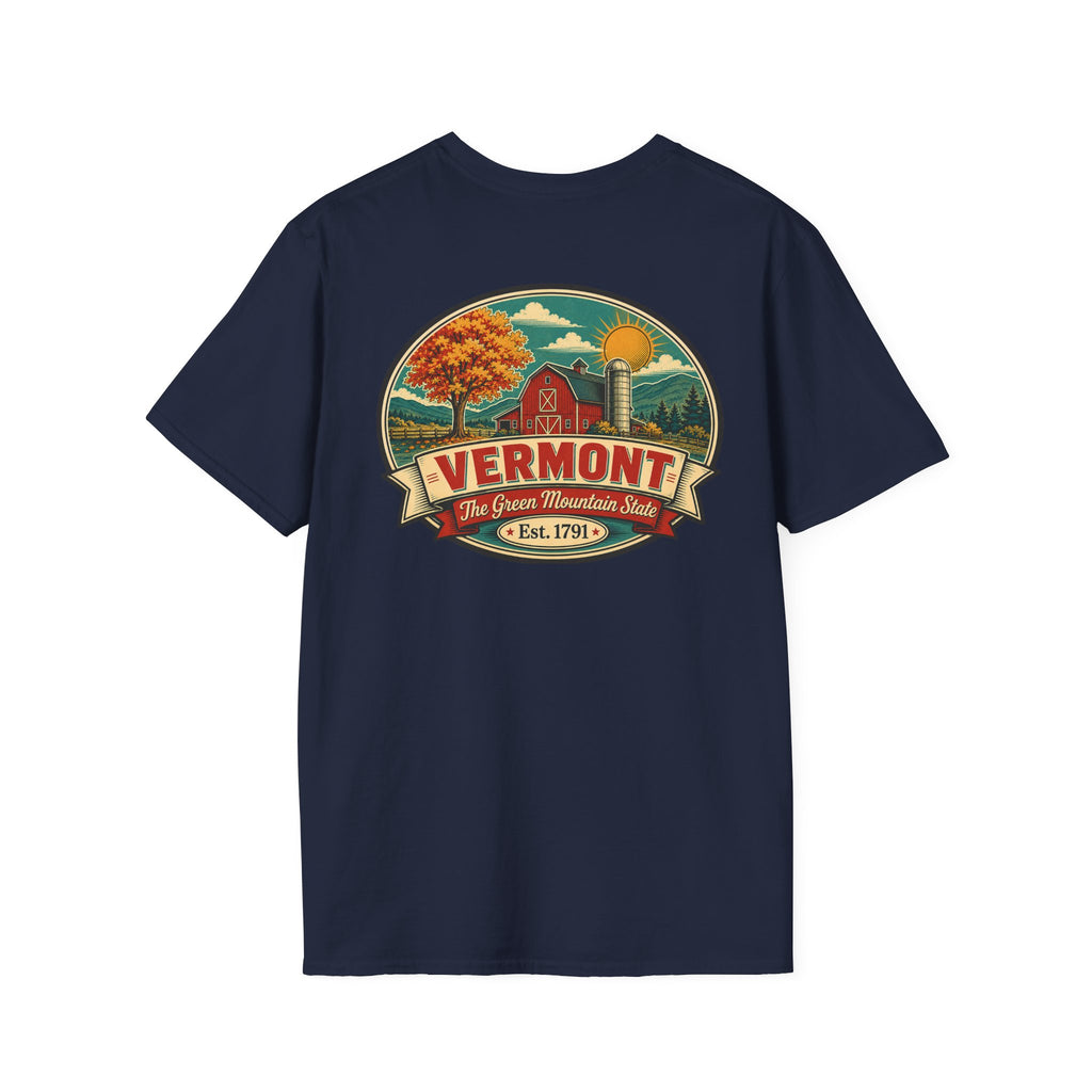Navy T-shirt with Vermont badge graphic print, short sleeves, crew neck