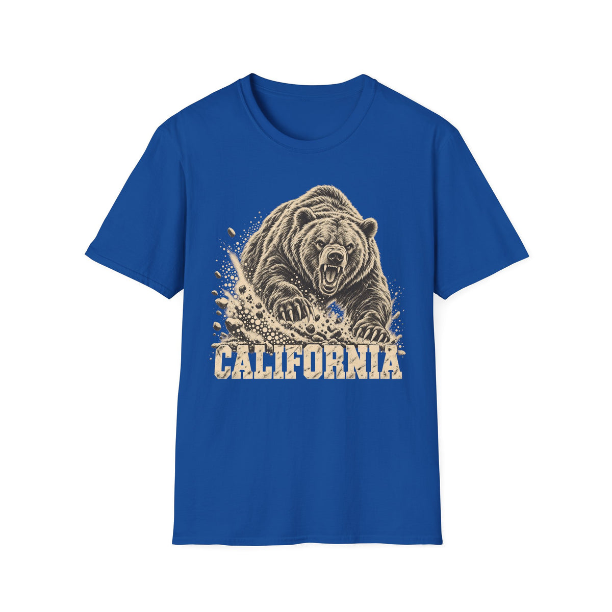 Royal blue bear graphic t-shirt with vintage California wordmark and roaring bear print