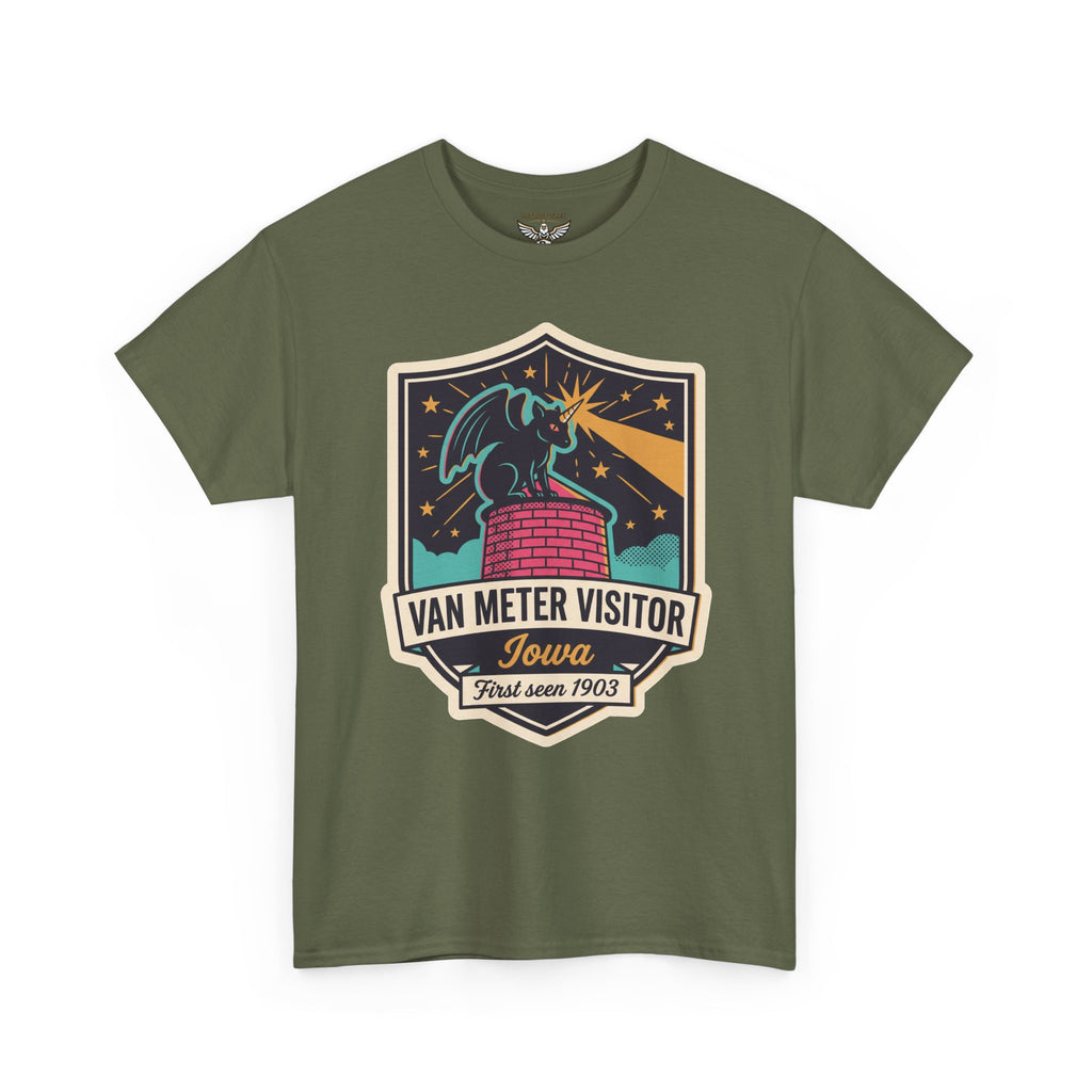 Military green crew neck T-shirt with Iowa "First seen 1903" visitor crest graphic