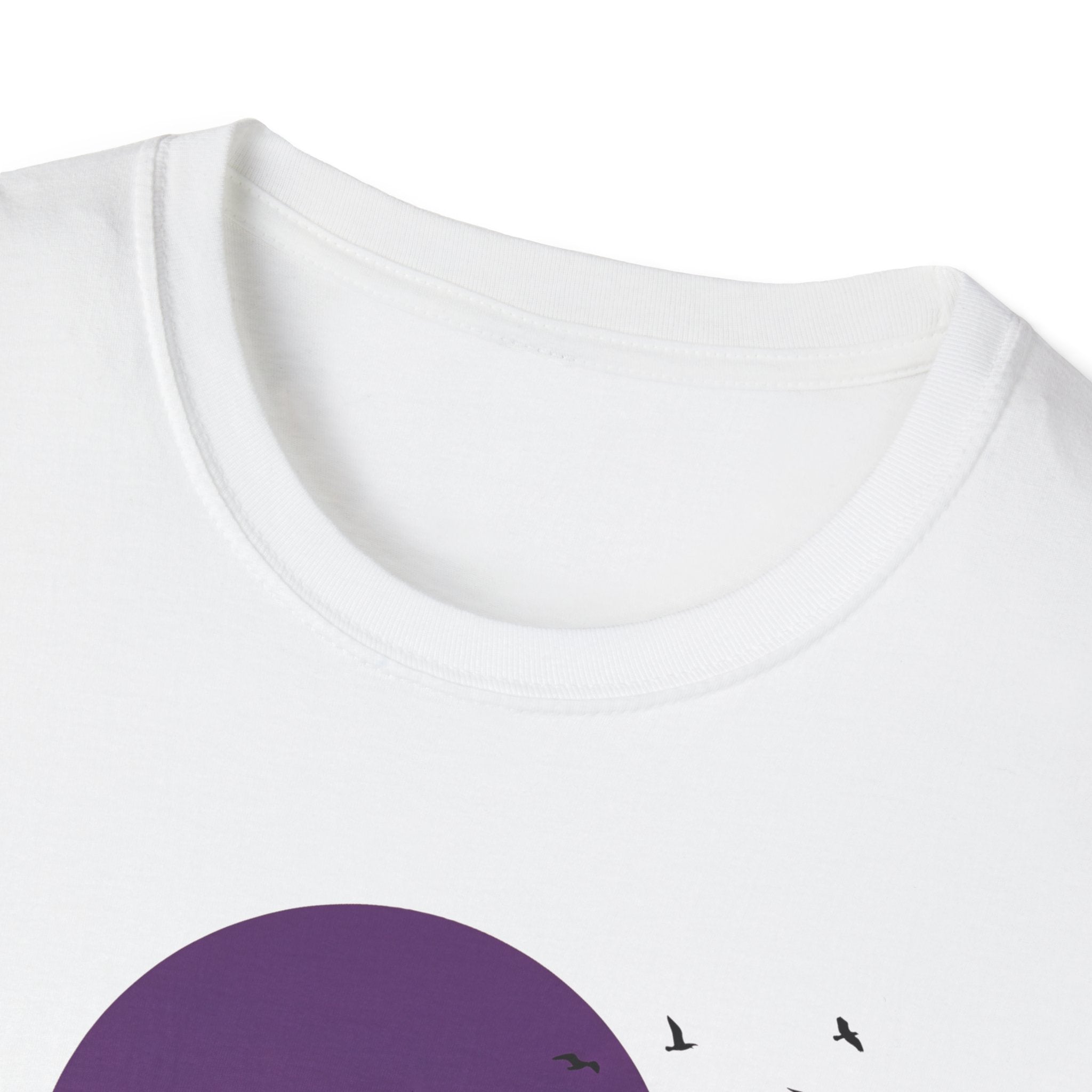 White T-shirt neckline with partial purple moon graphic and small birds
