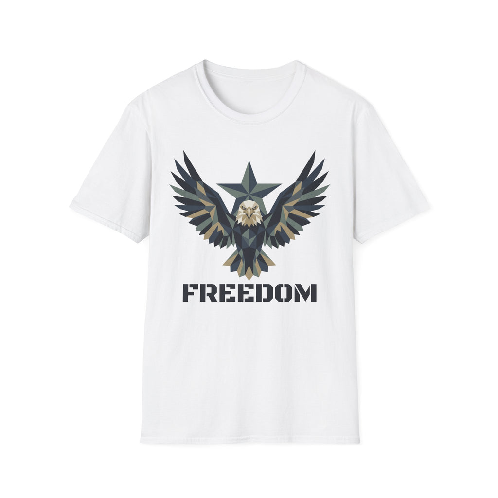 White eagle camo graphic T-shirt with winged emblem and “FREEDOM” text