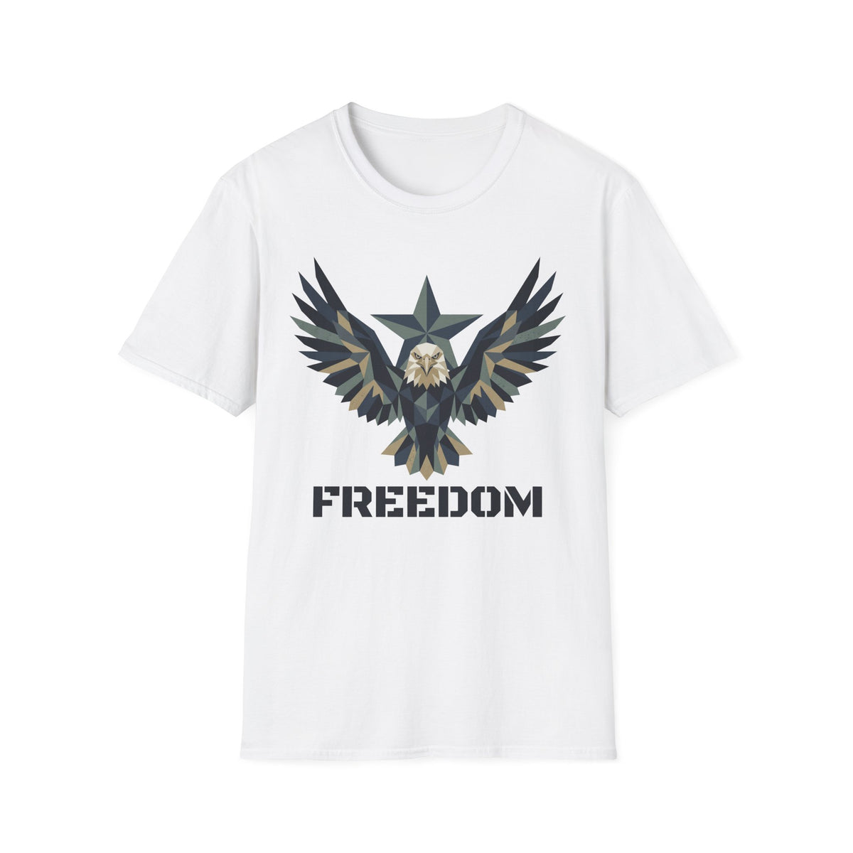 White eagle camo graphic T-shirt with winged emblem and “FREEDOM” text