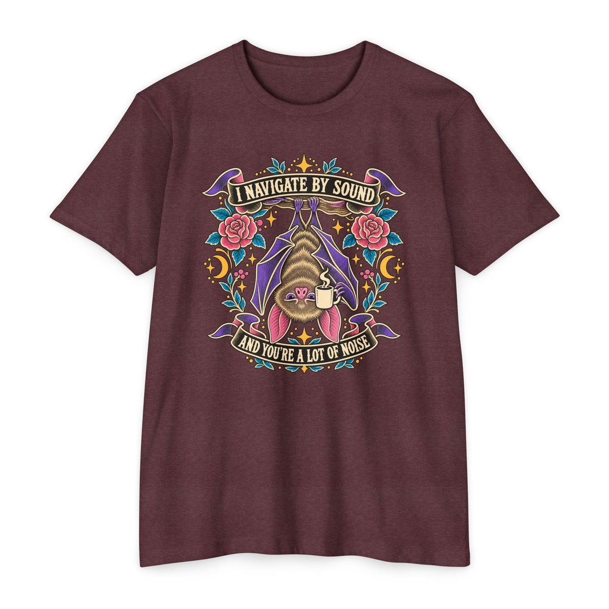 Maroon crew-neck T-shirt with colorful gothic sound-navigation graphic on the chest