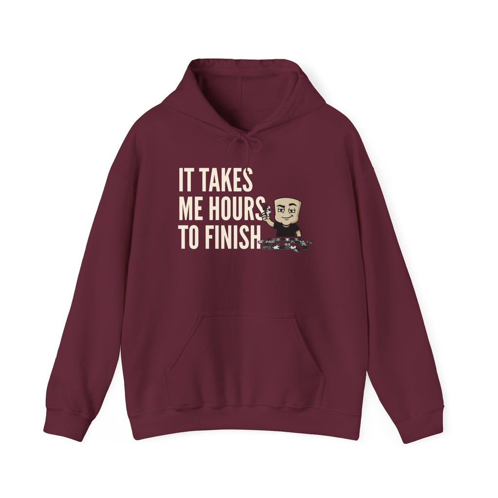 Maroon hoodie with “IT TAKES ME HOURS TO FINISH” chess graphic
