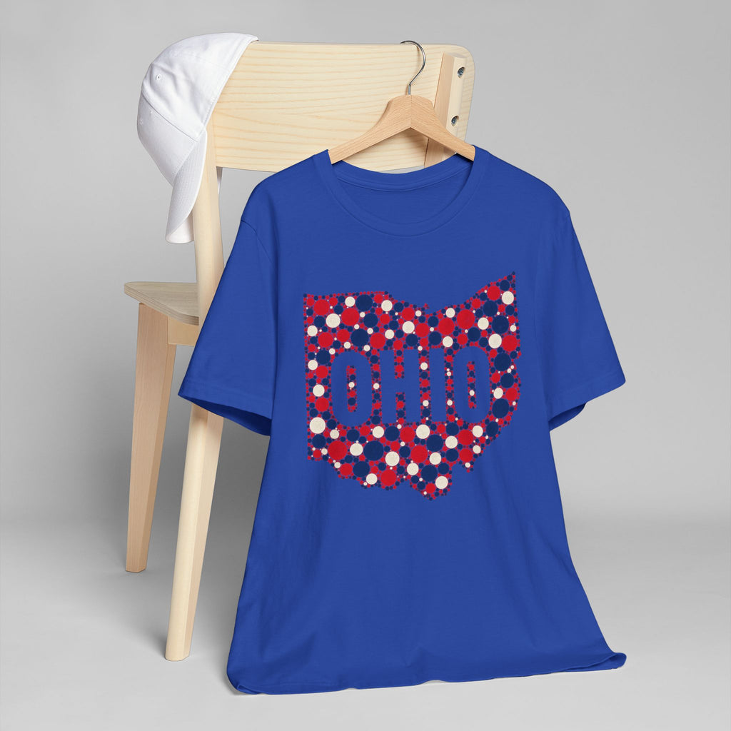 Royal blue crew-neck t-shirt with Ohio outline graphic in red white and blue