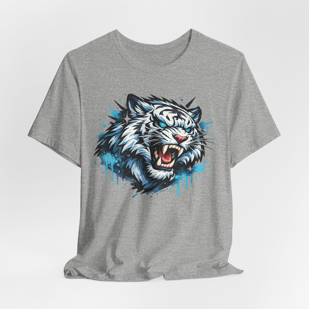 Grey short-sleeve T-shirt with roaring tiger head graphic in blue drip style