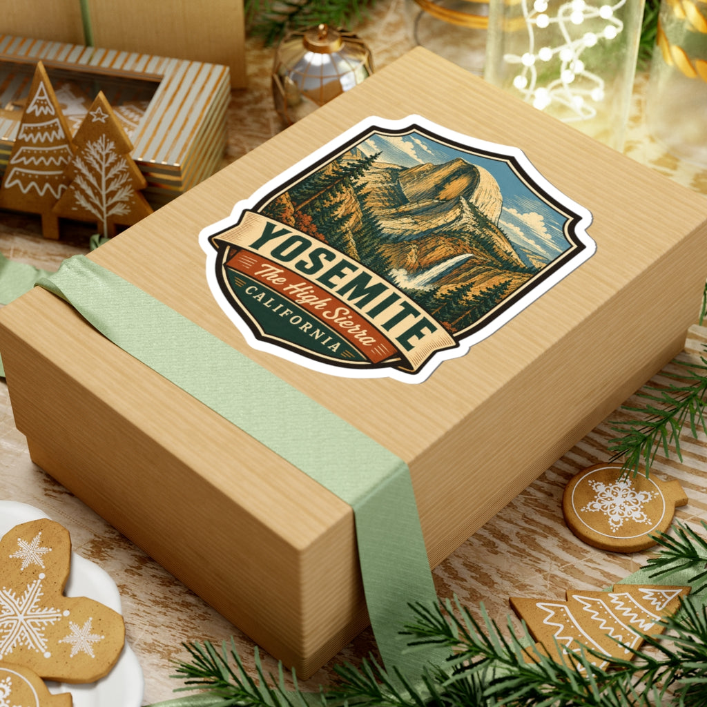 Yosemite sticker on wrapped present, Half Dome landscape shield with California banner